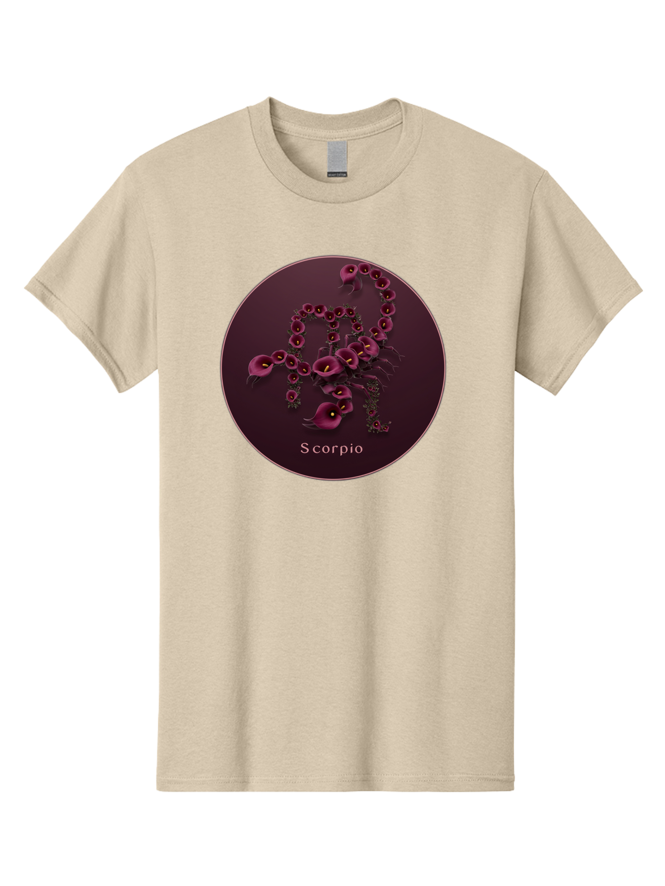 Scorpio Men'S Graphic Tee, 100% Cotton, Comfortable Casual Summer Wear, Machine Washable, Scorpion Symbol, Calla Lily Flowers, Floral Arrangement, Dark Pink Blooms, Astrology Sign, Zodiac Symbol, Scorpio, Mysterious Design, Elegant Flowers Bae268
