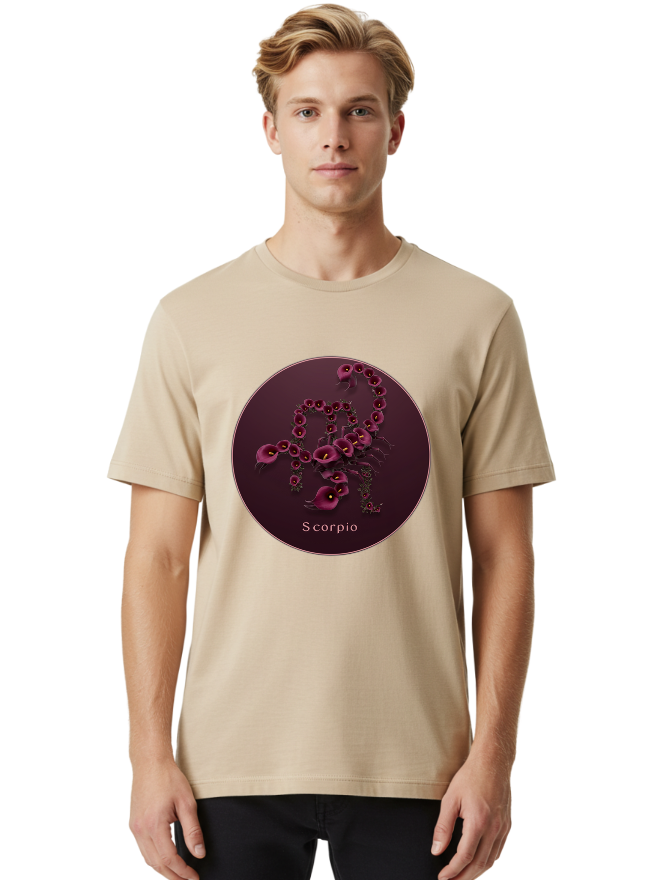 Scorpio Men'S Graphic Tee, 100% Cotton, Comfortable Casual Summer Wear, Machine Washable, Scorpion Symbol, Calla Lily Flowers, Floral Arrangement, Dark Pink Blooms, Astrology Sign, Zodiac Symbol, Scorpio, Mysterious Design, Elegant Flowers Bae268