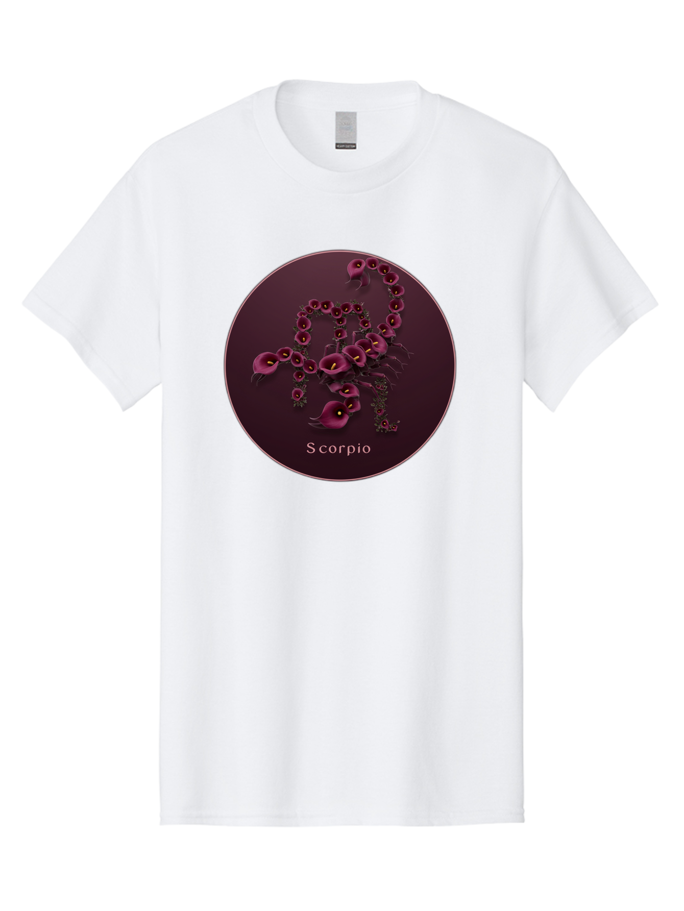 Scorpio Men'S Graphic Tee, 100% Cotton, Comfortable Casual Summer Wear, Machine Washable, Scorpion Symbol, Calla Lily Flowers, Floral Arrangement, Dark Pink Blooms, Astrology Sign, Zodiac Symbol, Scorpio, Mysterious Design, Elegant Flowers Bae268