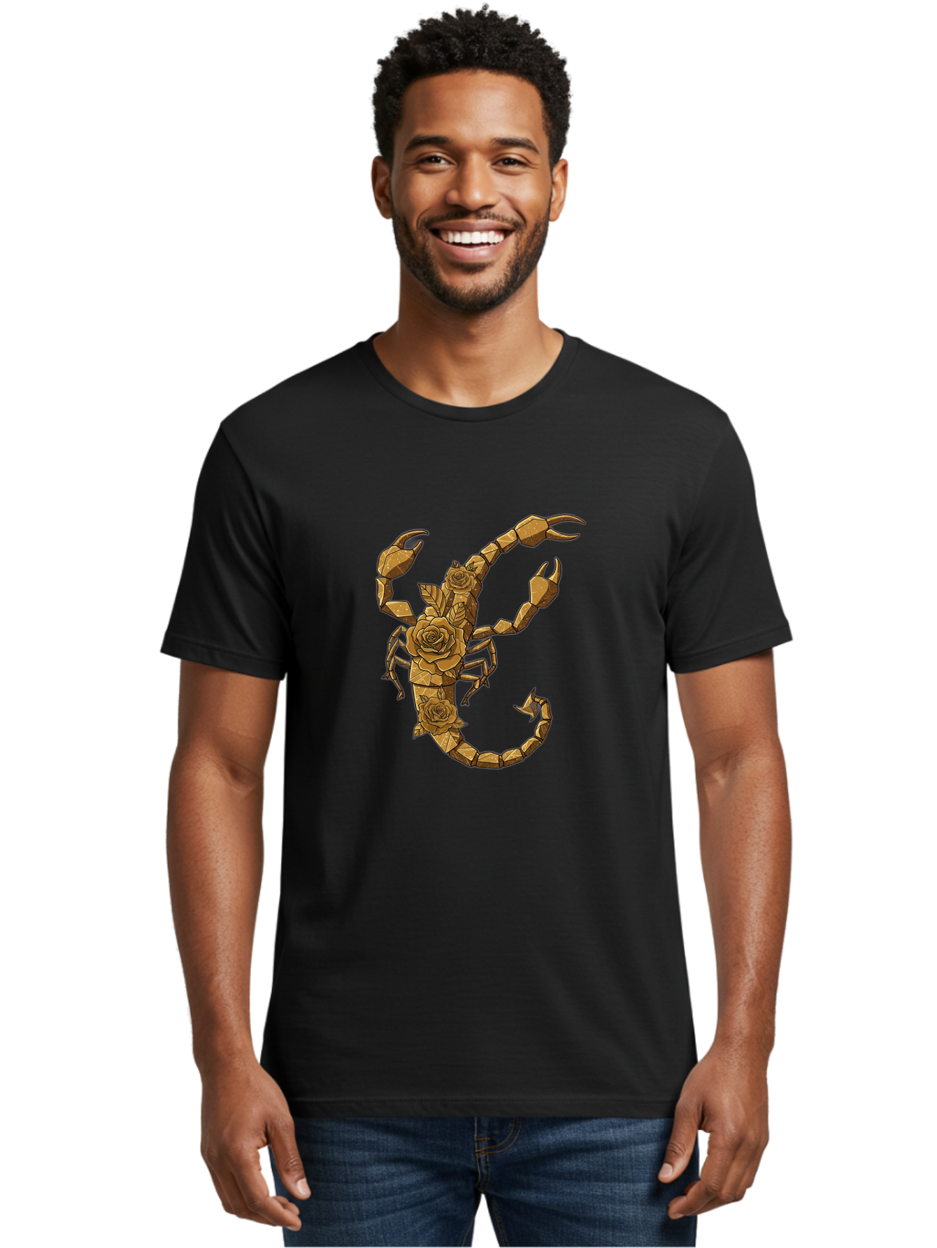 Scorpion-With-Roses Men'S Graphic Tee, 100% Cotton, Comfortable Casual Summer Wear, Machine Washable, Geometric Gold Scorpion, Roses On Body, Gold Roses And Scorpion Fusion, Intricate Design, Low Poly Art, Animal And Flower Art, Bae269