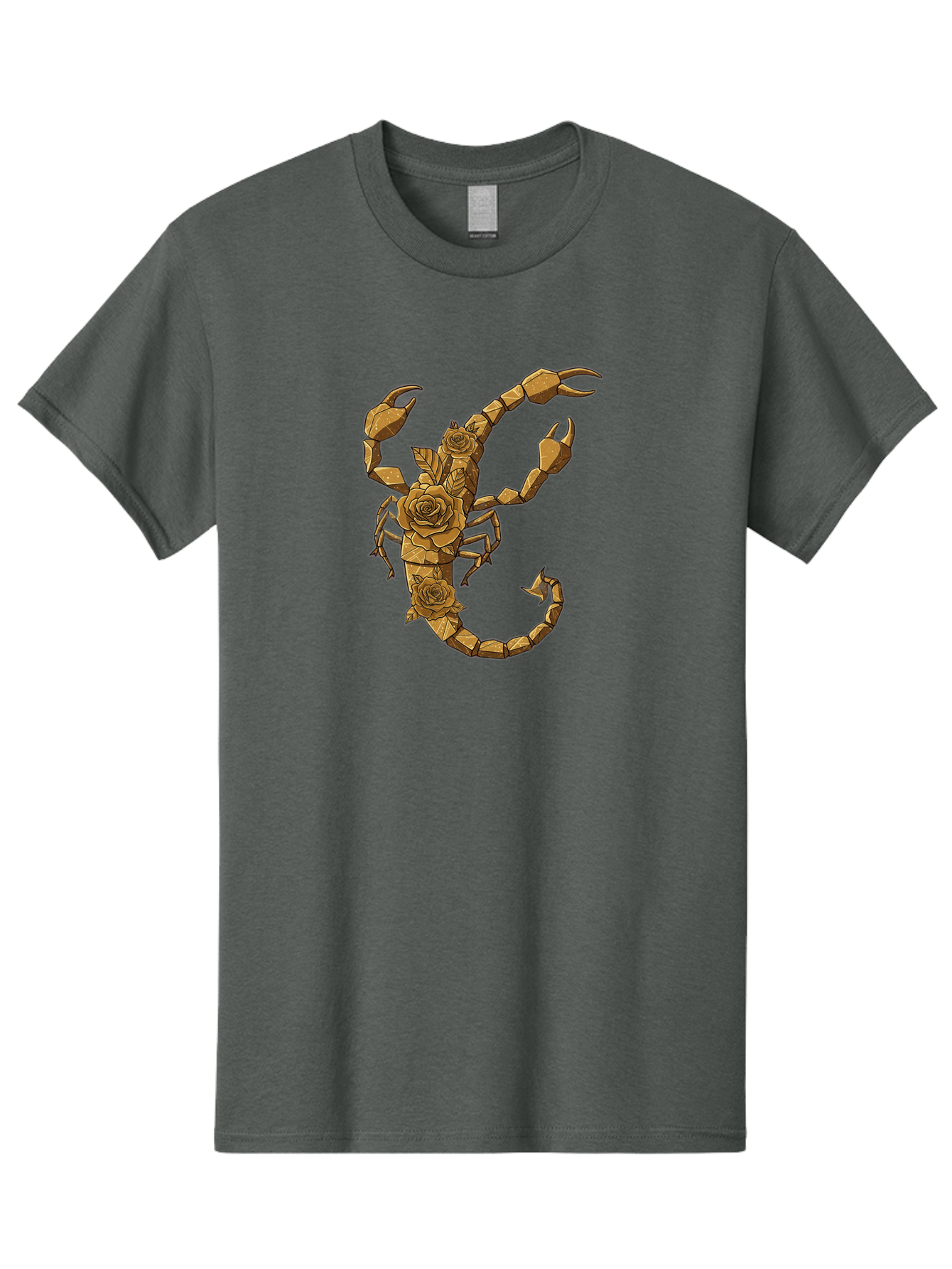 Scorpion-With-Roses Men'S Graphic Tee, 100% Cotton, Comfortable Casual Summer Wear, Machine Washable, Geometric Gold Scorpion, Roses On Body, Gold Roses And Scorpion Fusion, Intricate Design, Low Poly Art, Animal And Flower Art, Bae269