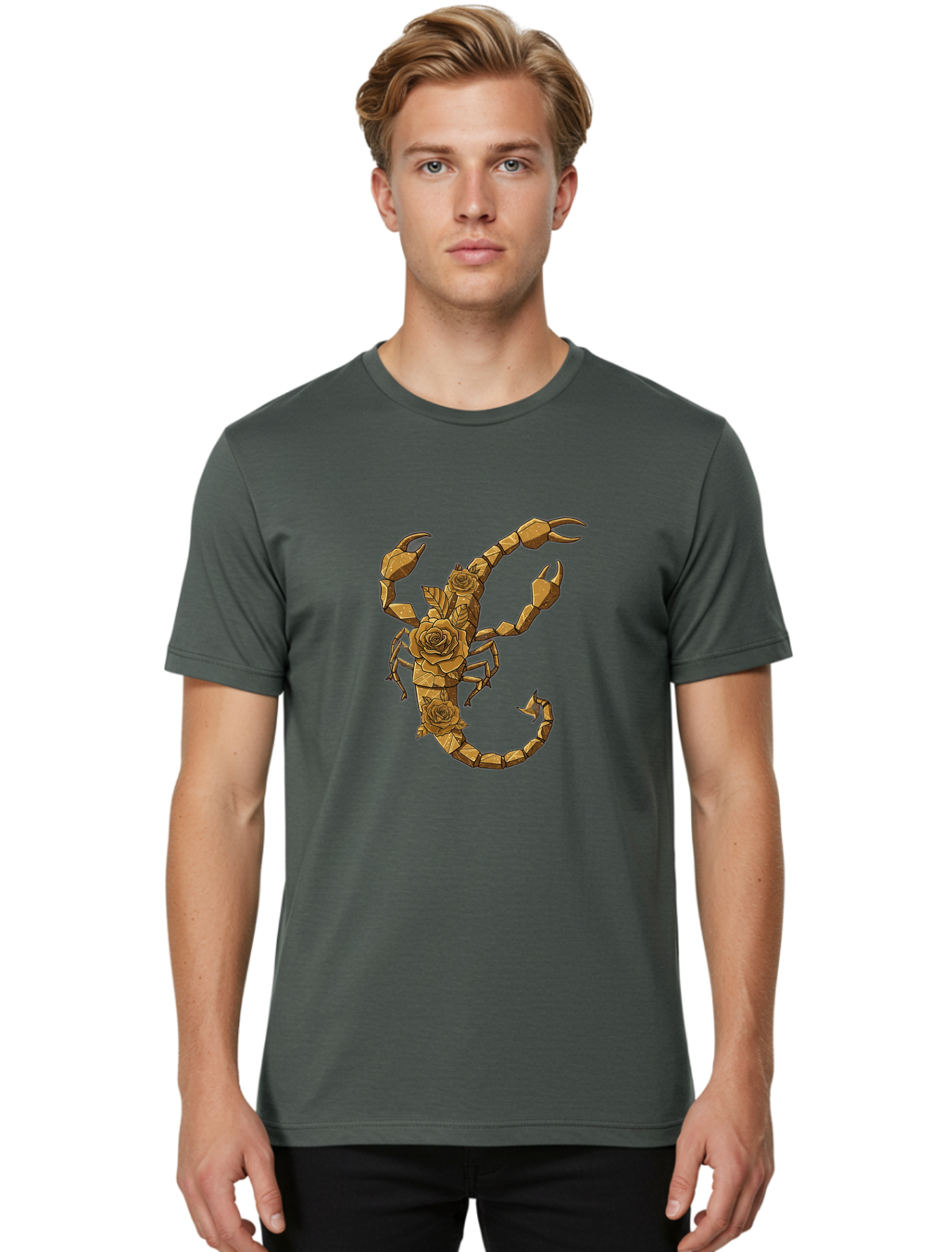 Scorpion-With-Roses Men'S Graphic Tee, 100% Cotton, Comfortable Casual Summer Wear, Machine Washable, Geometric Gold Scorpion, Roses On Body, Gold Roses And Scorpion Fusion, Intricate Design, Low Poly Art, Animal And Flower Art, Bae269