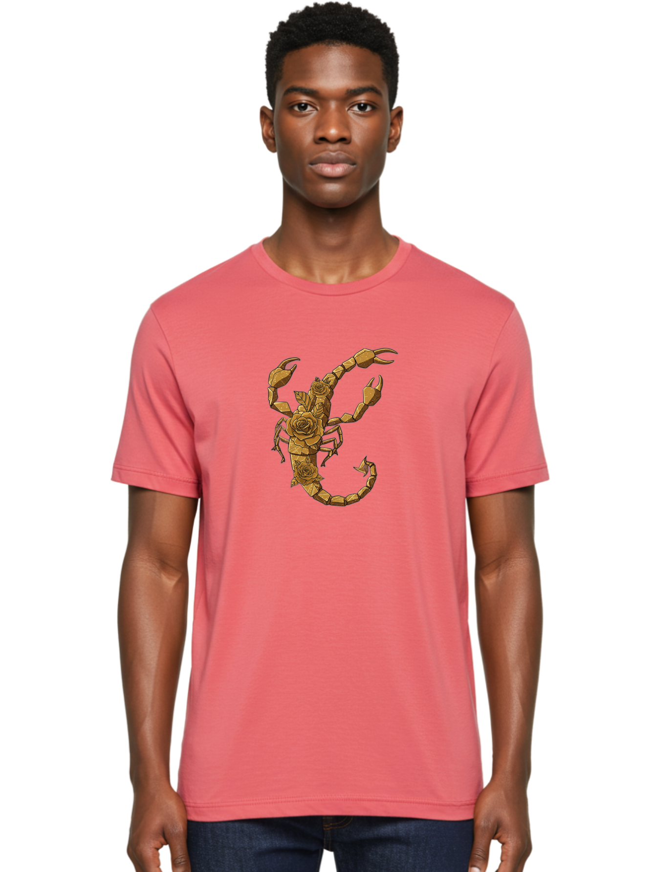 Scorpion-With-Roses Men'S Graphic Tee, 100% Cotton, Comfortable Casual Summer Wear, Machine Washable, Geometric Gold Scorpion, Roses On Body, Gold Roses And Scorpion Fusion, Intricate Design, Low Poly Art, Animal And Flower Art, Bae269