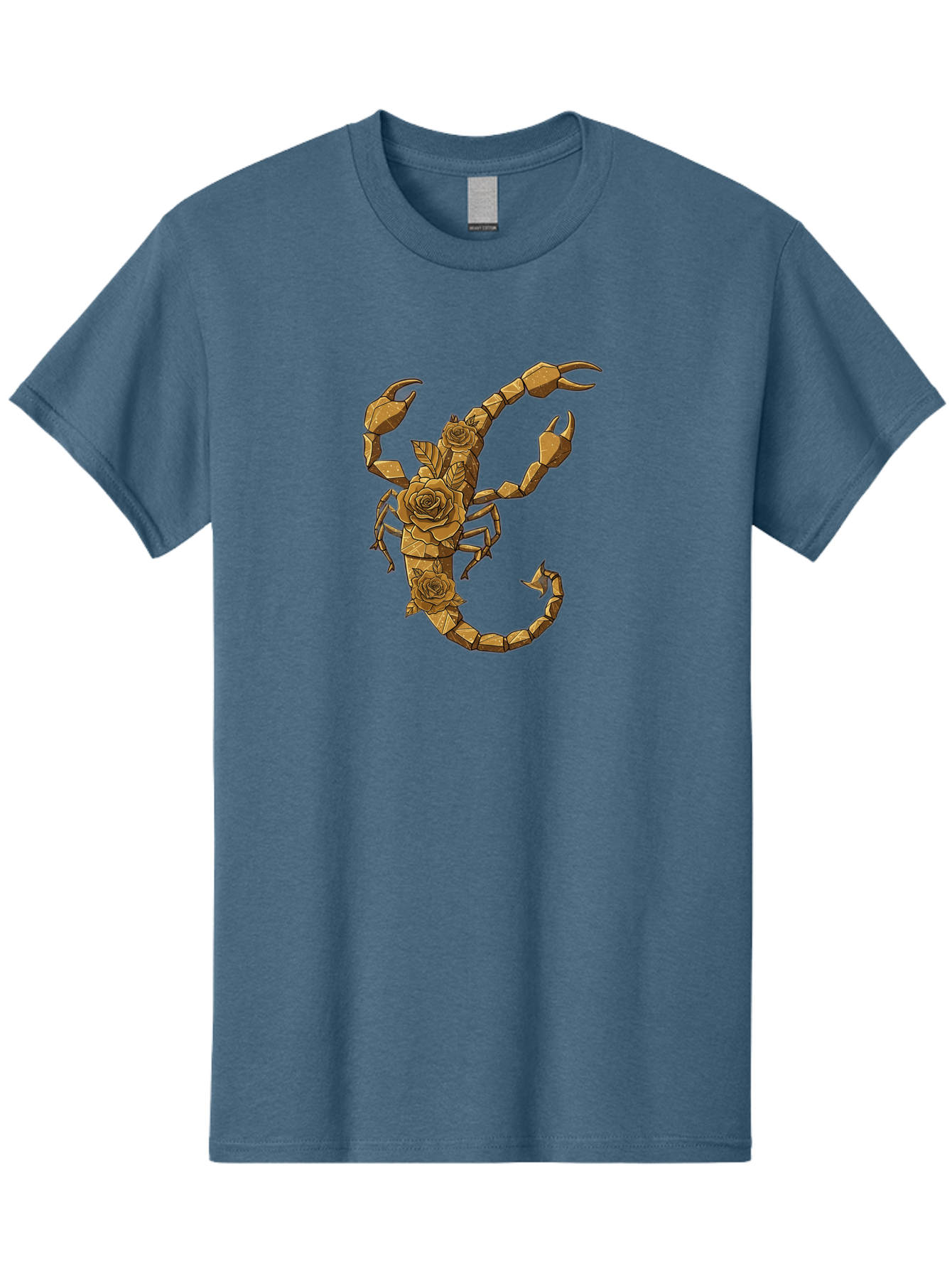 Scorpion-With-Roses Men'S Graphic Tee, 100% Cotton, Comfortable Casual Summer Wear, Machine Washable, Geometric Gold Scorpion, Roses On Body, Gold Roses And Scorpion Fusion, Intricate Design, Low Poly Art, Animal And Flower Art, Bae269