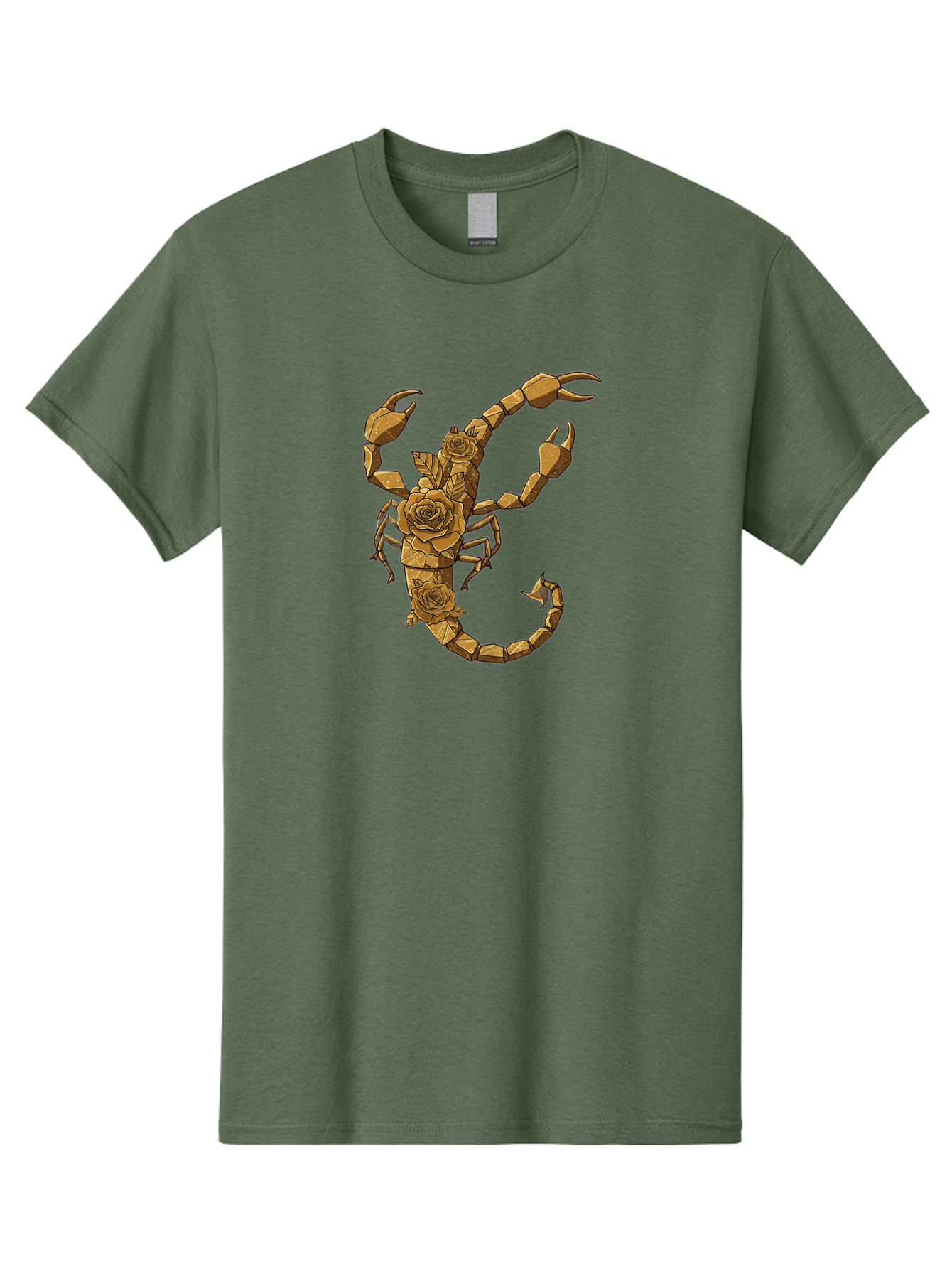 Scorpion-With-Roses Men'S Graphic Tee, 100% Cotton, Comfortable Casual Summer Wear, Machine Washable, Geometric Gold Scorpion, Roses On Body, Gold Roses And Scorpion Fusion, Intricate Design, Low Poly Art, Animal And Flower Art, Bae269