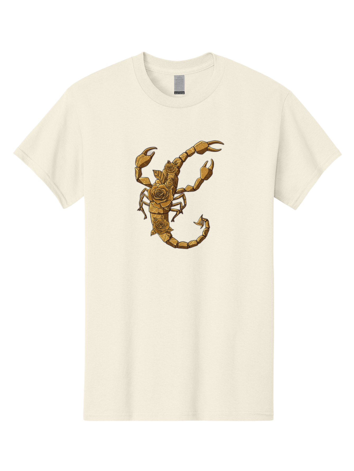 Scorpion-With-Roses Men'S Graphic Tee, 100% Cotton, Comfortable Casual Summer Wear, Machine Washable, Geometric Gold Scorpion, Roses On Body, Gold Roses And Scorpion Fusion, Intricate Design, Low Poly Art, Animal And Flower Art, Bae269
