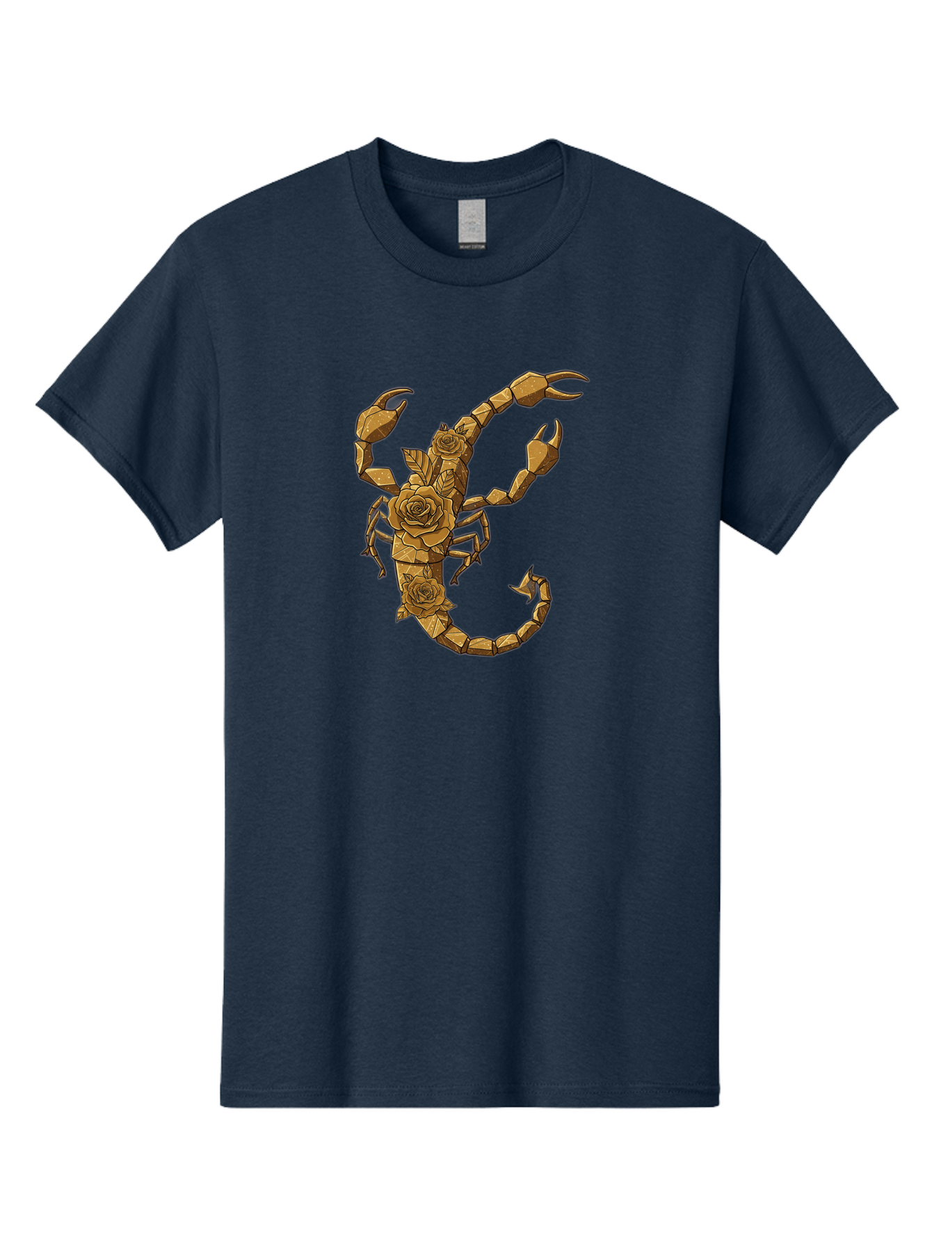Scorpion-With-Roses Men'S Graphic Tee, 100% Cotton, Comfortable Casual Summer Wear, Machine Washable, Geometric Gold Scorpion, Roses On Body, Gold Roses And Scorpion Fusion, Intricate Design, Low Poly Art, Animal And Flower Art, Bae269