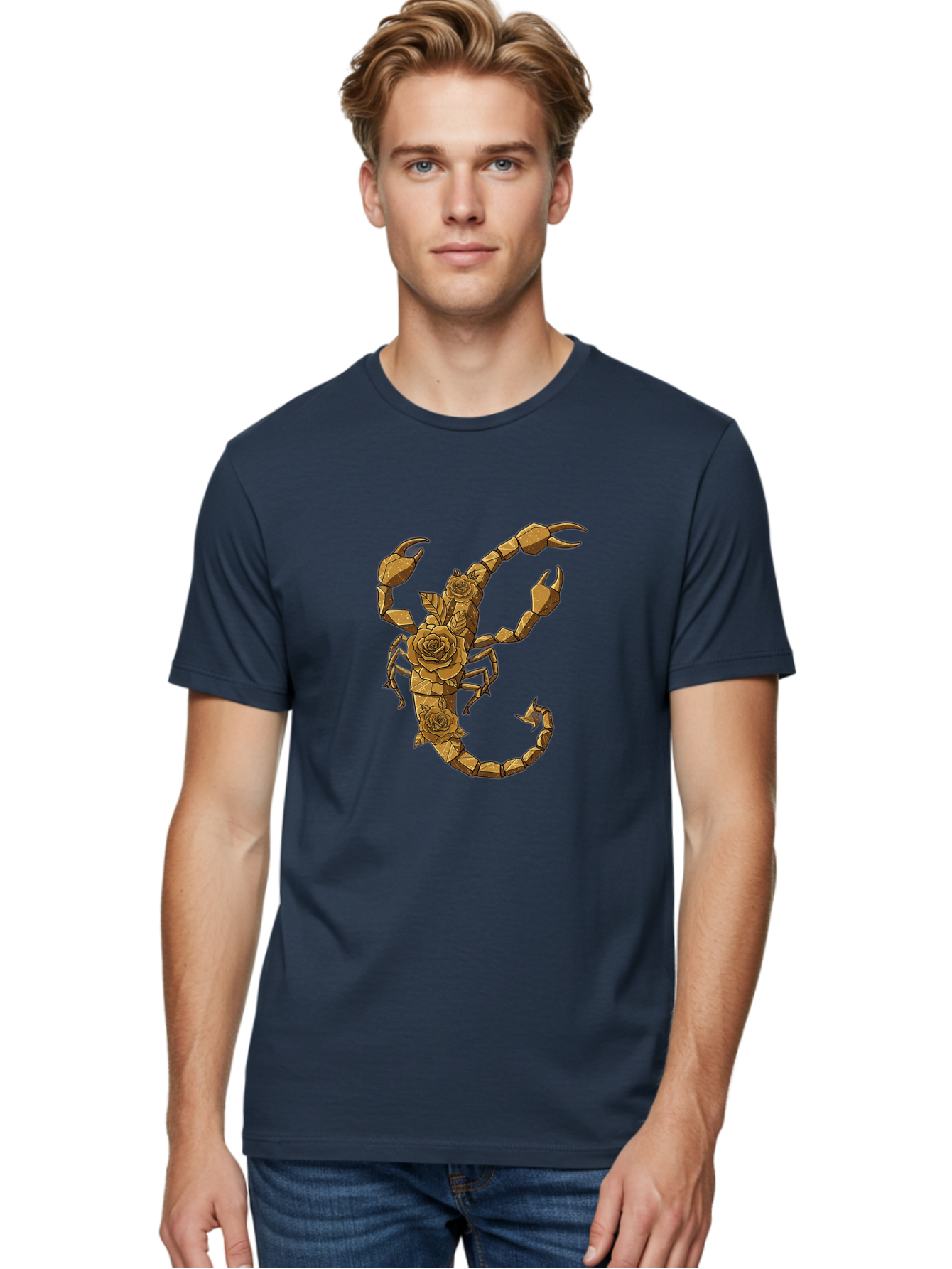 Scorpion-With-Roses Men'S Graphic Tee, 100% Cotton, Comfortable Casual Summer Wear, Machine Washable, Geometric Gold Scorpion, Roses On Body, Gold Roses And Scorpion Fusion, Intricate Design, Low Poly Art, Animal And Flower Art, Bae269