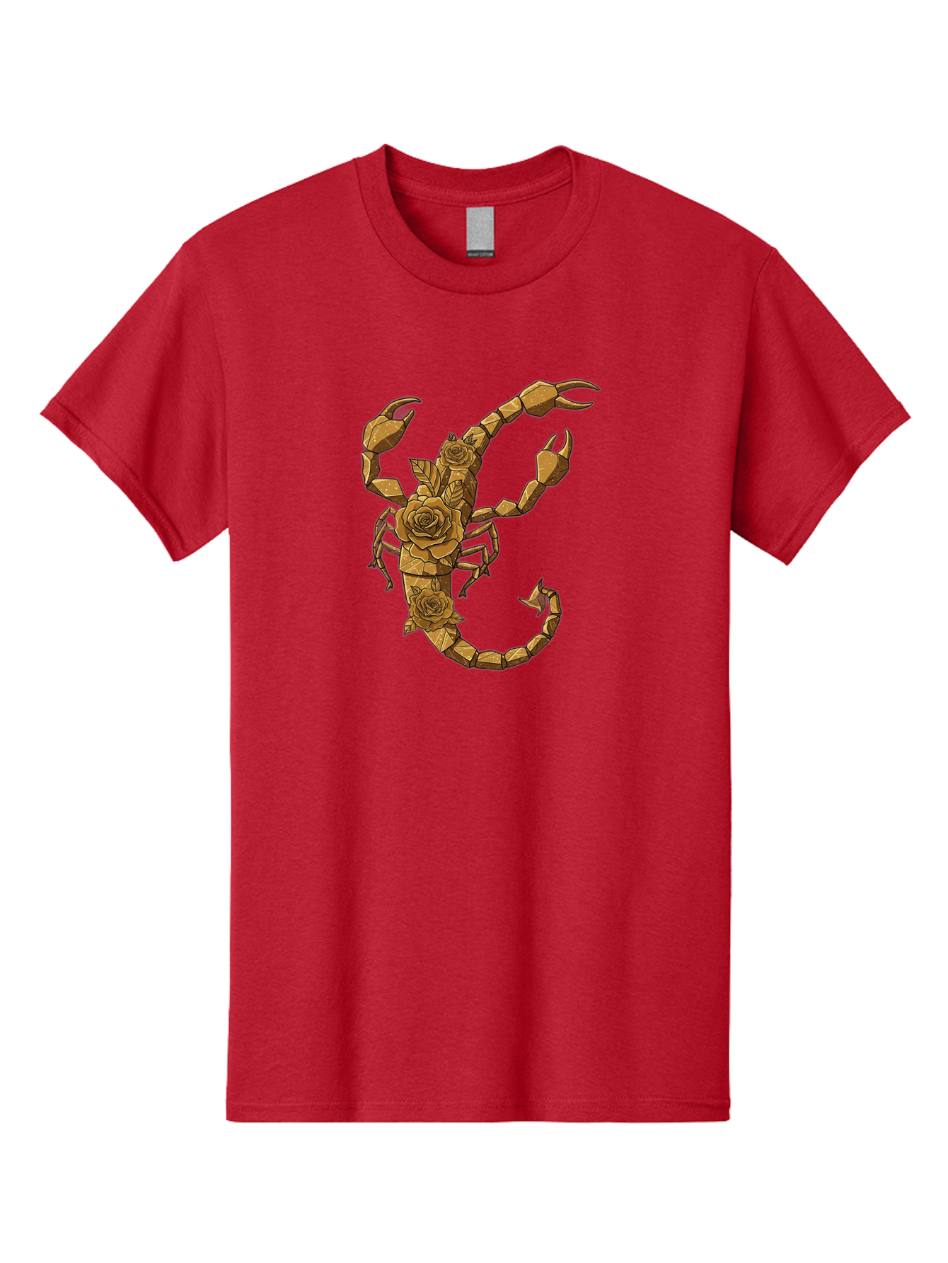 Scorpion-With-Roses Men'S Graphic Tee, 100% Cotton, Comfortable Casual Summer Wear, Machine Washable, Geometric Gold Scorpion, Roses On Body, Gold Roses And Scorpion Fusion, Intricate Design, Low Poly Art, Animal And Flower Art, Bae269