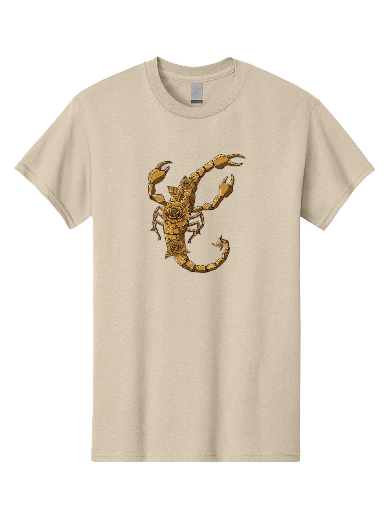 Scorpion-With-Roses Men'S Graphic Tee, 100% Cotton, Comfortable Casual Summer Wear, Machine Washable, Geometric Gold Scorpion, Roses On Body, Gold Roses And Scorpion Fusion, Intricate Design, Low Poly Art, Animal And Flower Art, Bae269