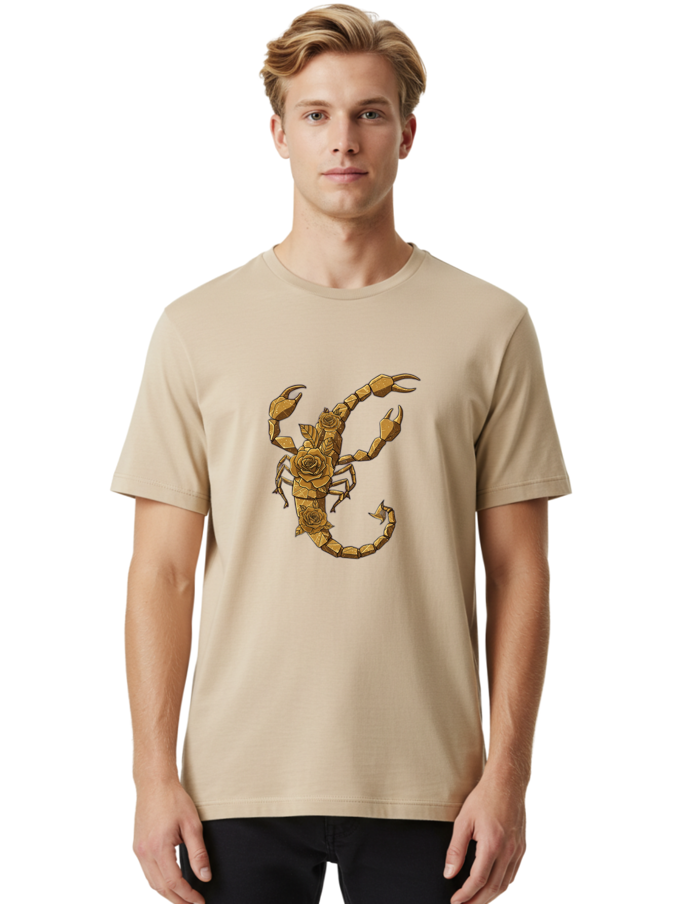 Scorpion-With-Roses Men'S Graphic Tee, 100% Cotton, Comfortable Casual Summer Wear, Machine Washable, Geometric Gold Scorpion, Roses On Body, Gold Roses And Scorpion Fusion, Intricate Design, Low Poly Art, Animal And Flower Art, Bae269