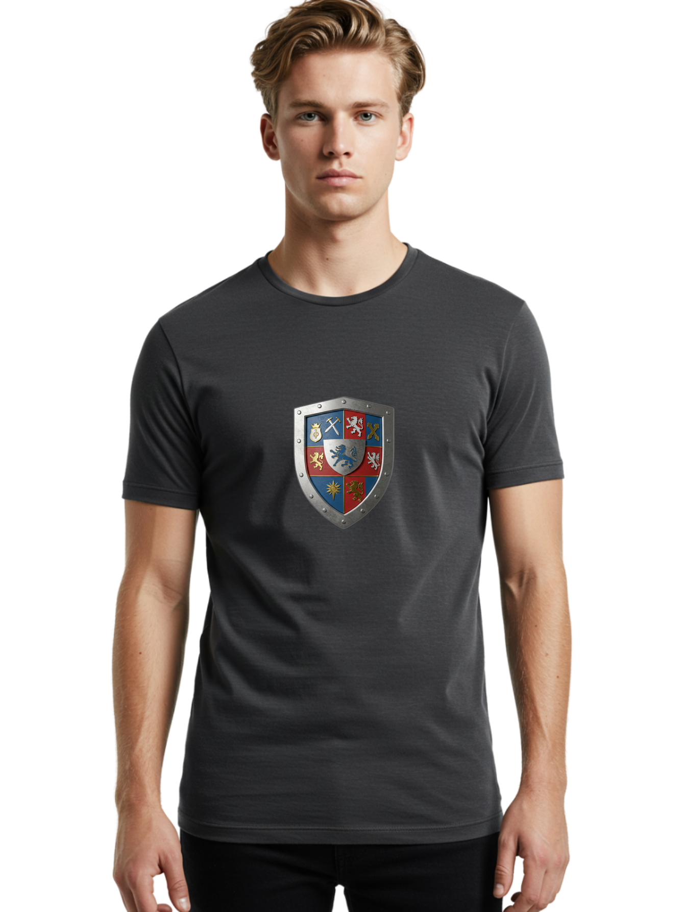 Shield-With-Coat-Of-Arms Men'S Graphic Tee, 100% Cotton, Comfortable Casual Summer Wear, Machine Washable, Shield Emblem, Coat Of Arms, Heraldic Shield, Medieval Symbol, Lion Emblem, Eagle Symbol, Crown Icon, Crossed Swords, Knight'S Armor, Bae270