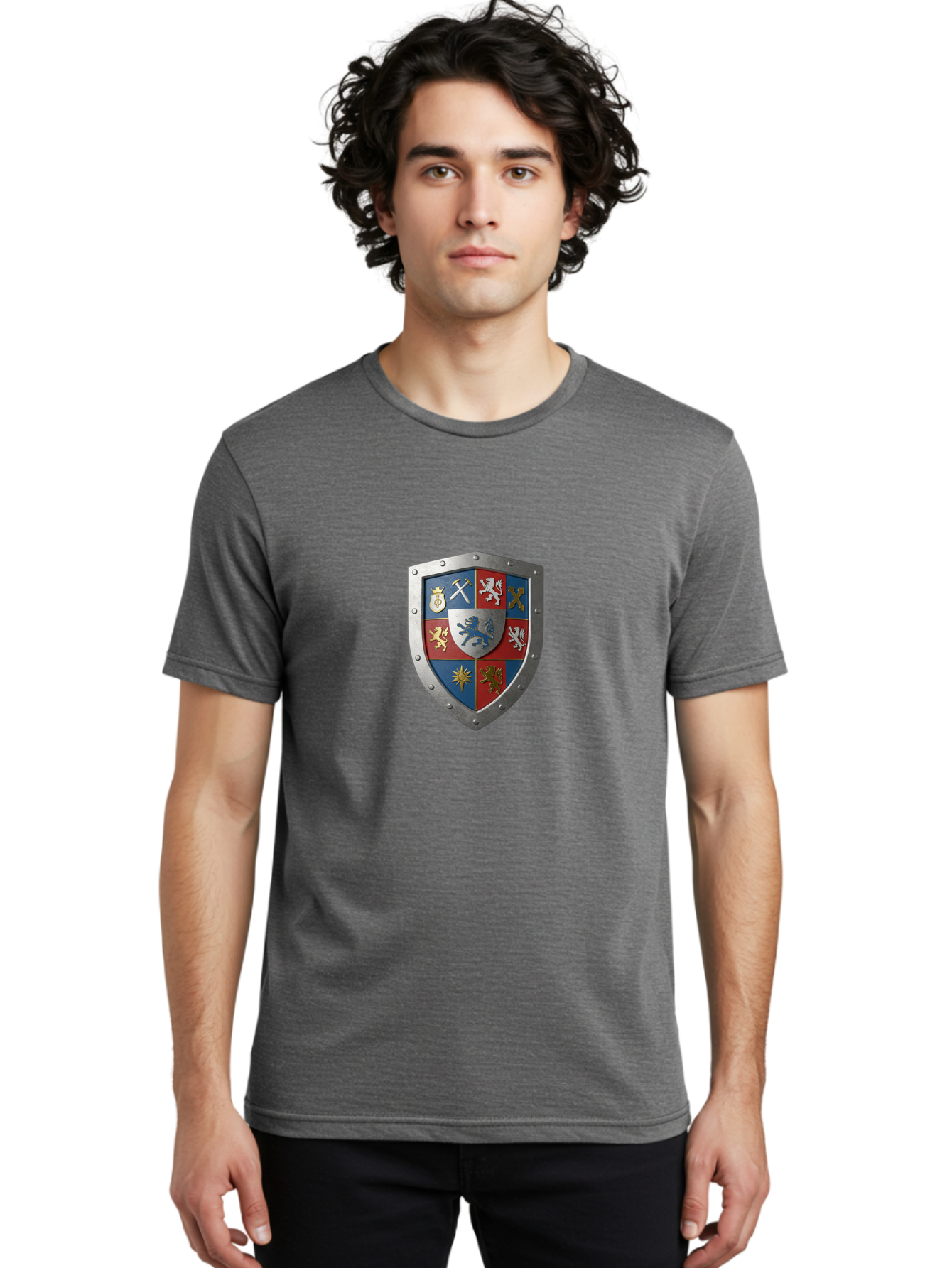 Shield-With-Coat-Of-Arms Men'S Graphic Tee, 100% Cotton, Comfortable Casual Summer Wear, Machine Washable, Shield Emblem, Coat Of Arms, Heraldic Shield, Medieval Symbol, Lion Emblem, Eagle Symbol, Crown Icon, Crossed Swords, Knight'S Armor, Bae270