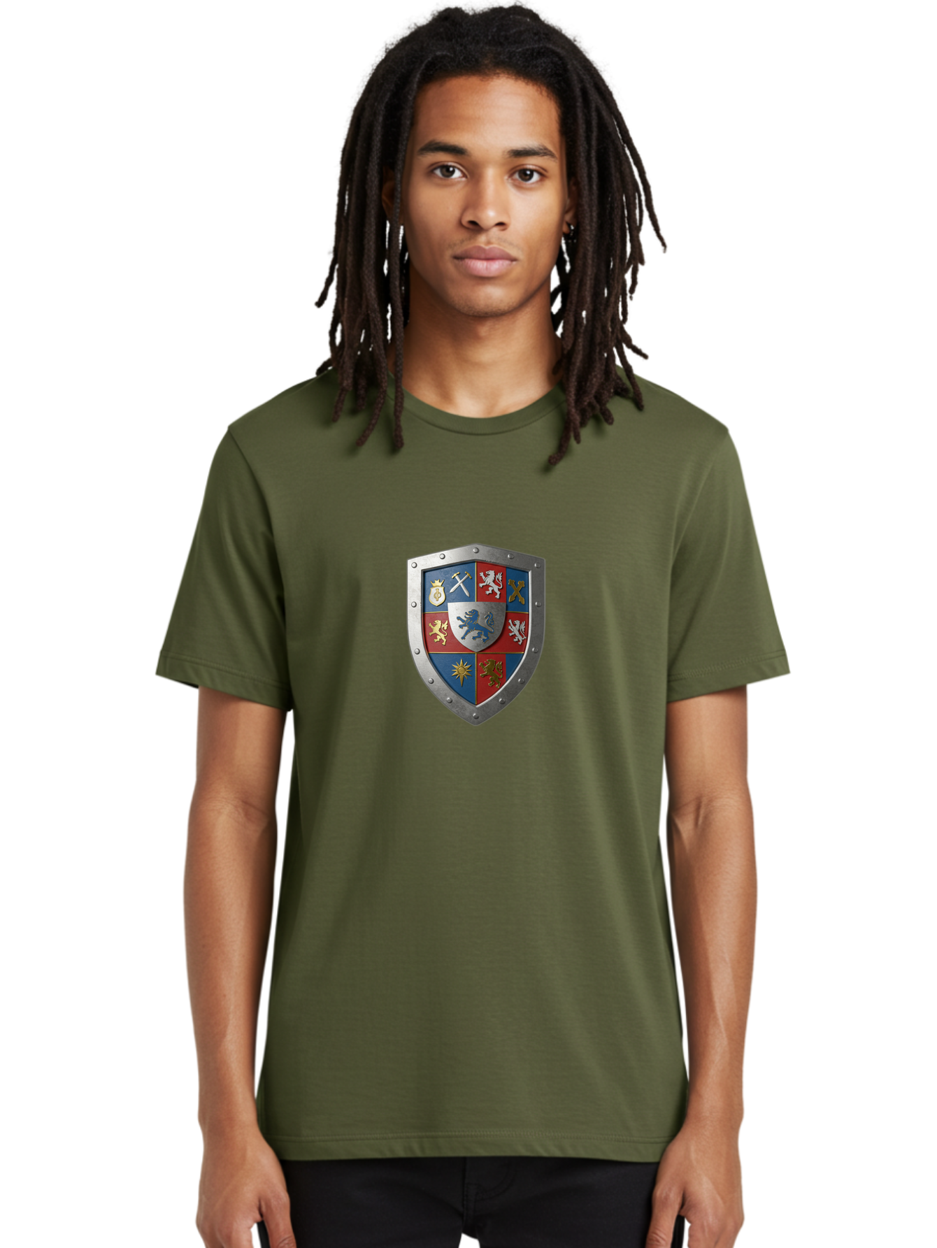 Shield-With-Coat-Of-Arms Men'S Graphic Tee, 100% Cotton, Comfortable Casual Summer Wear, Machine Washable, Shield Emblem, Coat Of Arms, Heraldic Shield, Medieval Symbol, Lion Emblem, Eagle Symbol, Crown Icon, Crossed Swords, Knight'S Armor, Bae270