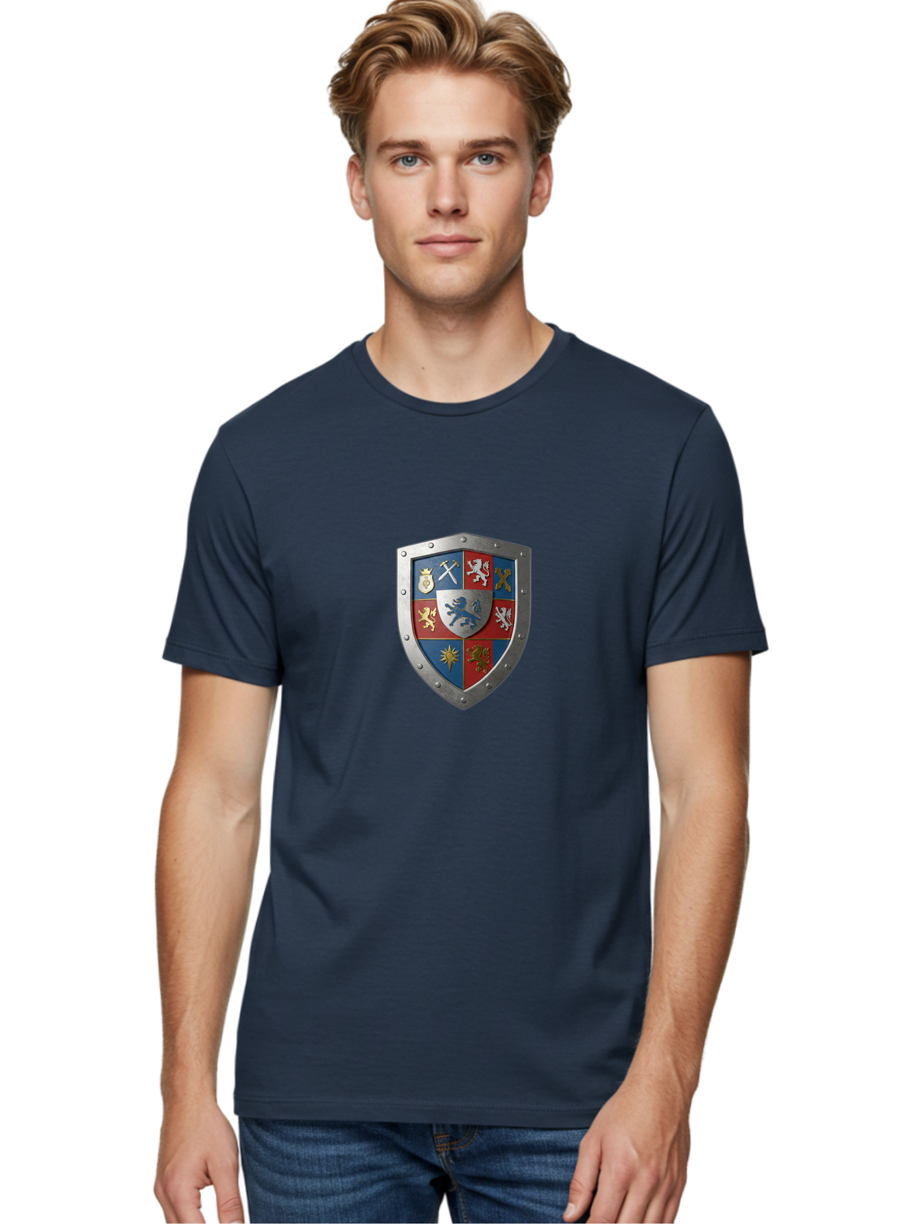 Shield-With-Coat-Of-Arms Men'S Graphic Tee, 100% Cotton, Comfortable Casual Summer Wear, Machine Washable, Shield Emblem, Coat Of Arms, Heraldic Shield, Medieval Symbol, Lion Emblem, Eagle Symbol, Crown Icon, Crossed Swords, Knight'S Armor, Bae270