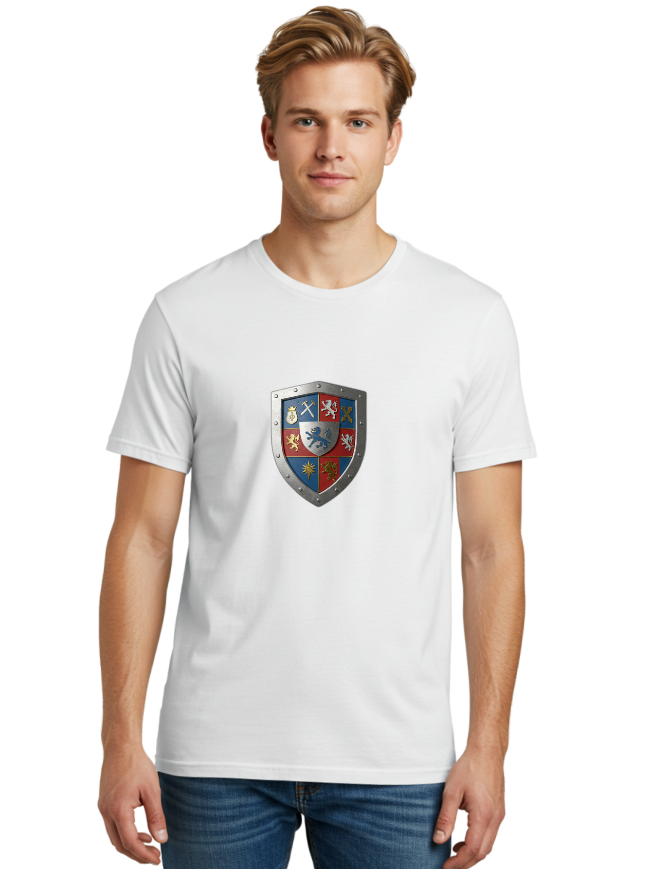 Shield-With-Coat-Of-Arms Men'S Graphic Tee, 100% Cotton, Comfortable Casual Summer Wear, Machine Washable, Shield Emblem, Coat Of Arms, Heraldic Shield, Medieval Symbol, Lion Emblem, Eagle Symbol, Crown Icon, Crossed Swords, Knight'S Armor, Bae270