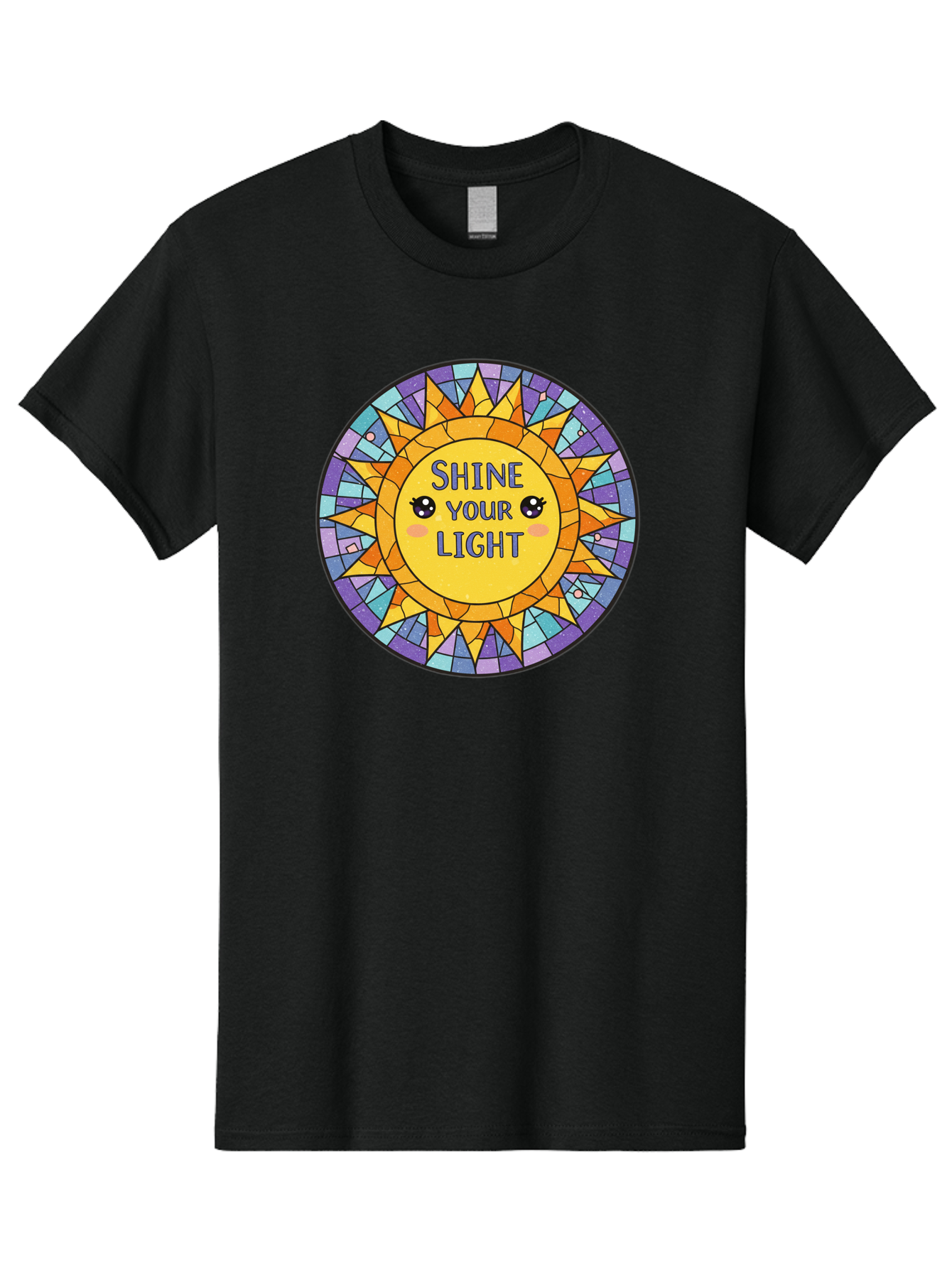 Shine-Your-Light-1 Men'S Graphic Tee, 100% Cotton, Comfortable Casual Summer Wear, Machine Washable, Stained Glass Sun, Inspirational Quote, Motivational Message, Cartoon Sun, Shine Your Light, Positivity, Encouragement, Colorful Graphic, Bae271