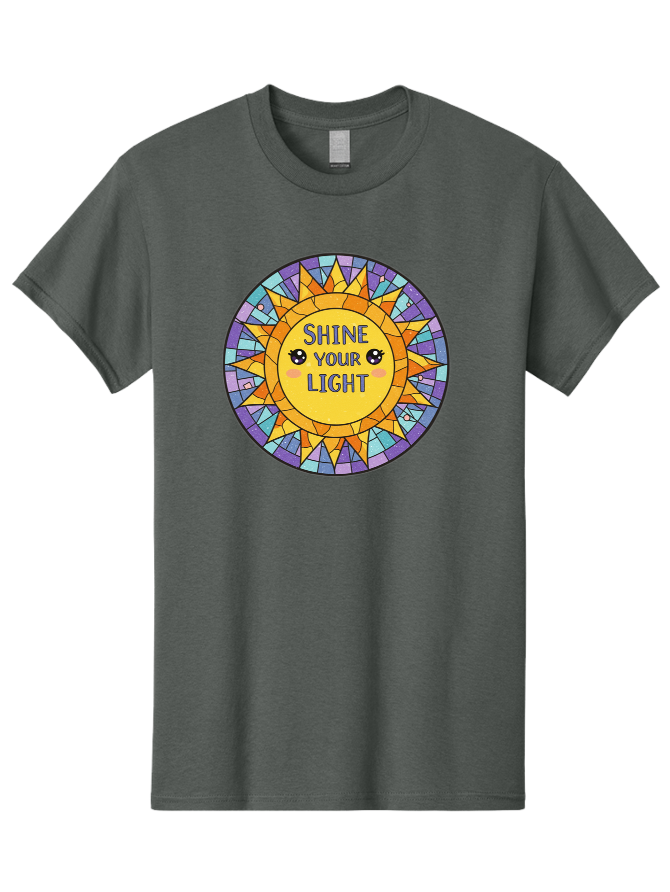 Shine-Your-Light-1 Men'S Graphic Tee, 100% Cotton, Comfortable Casual Summer Wear, Machine Washable, Stained Glass Sun, Inspirational Quote, Motivational Message, Cartoon Sun, Shine Your Light, Positivity, Encouragement, Colorful Graphic, Bae271