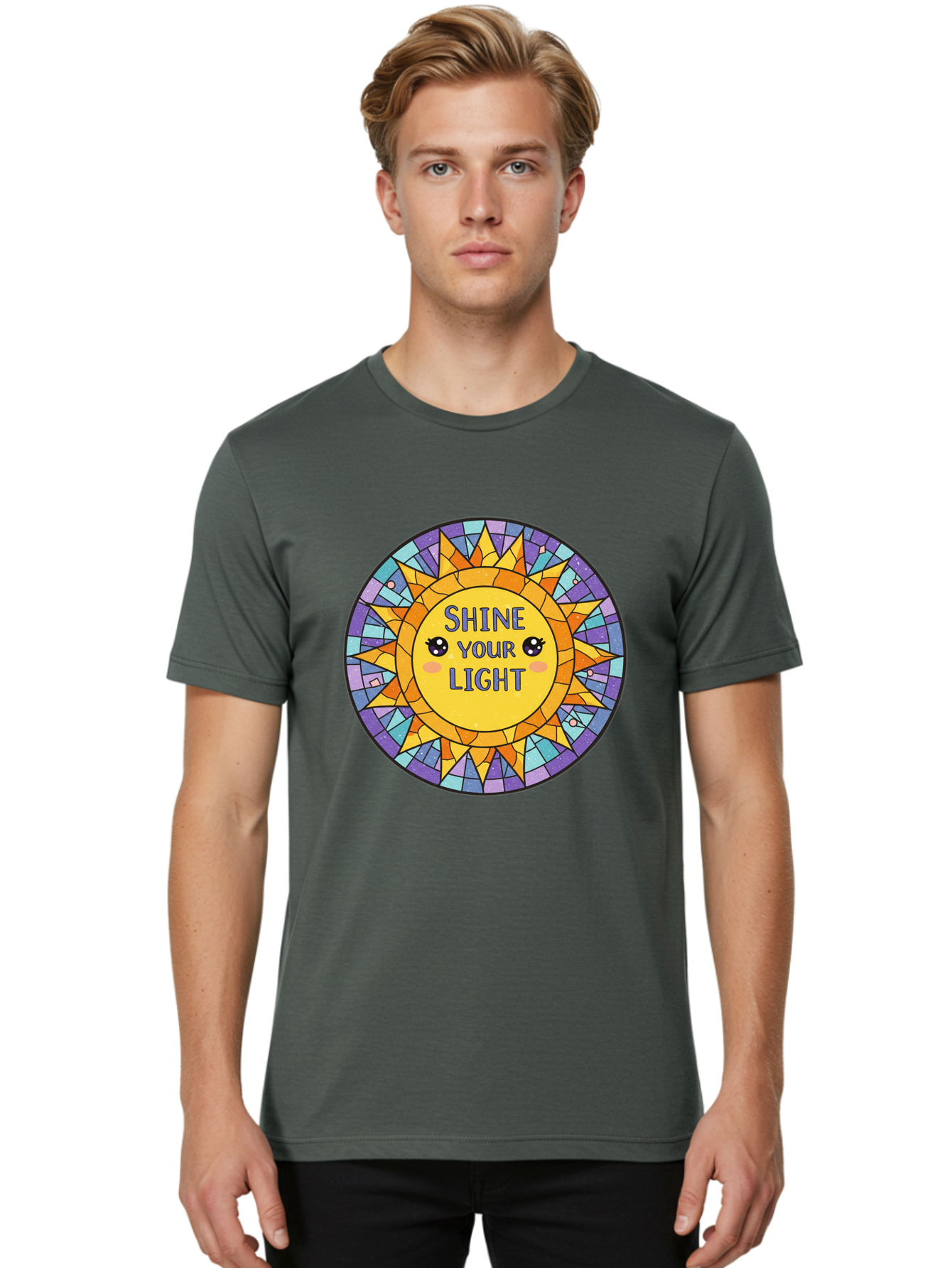 Shine-Your-Light-1 Men'S Graphic Tee, 100% Cotton, Comfortable Casual Summer Wear, Machine Washable, Stained Glass Sun, Inspirational Quote, Motivational Message, Cartoon Sun, Shine Your Light, Positivity, Encouragement, Colorful Graphic, Bae271