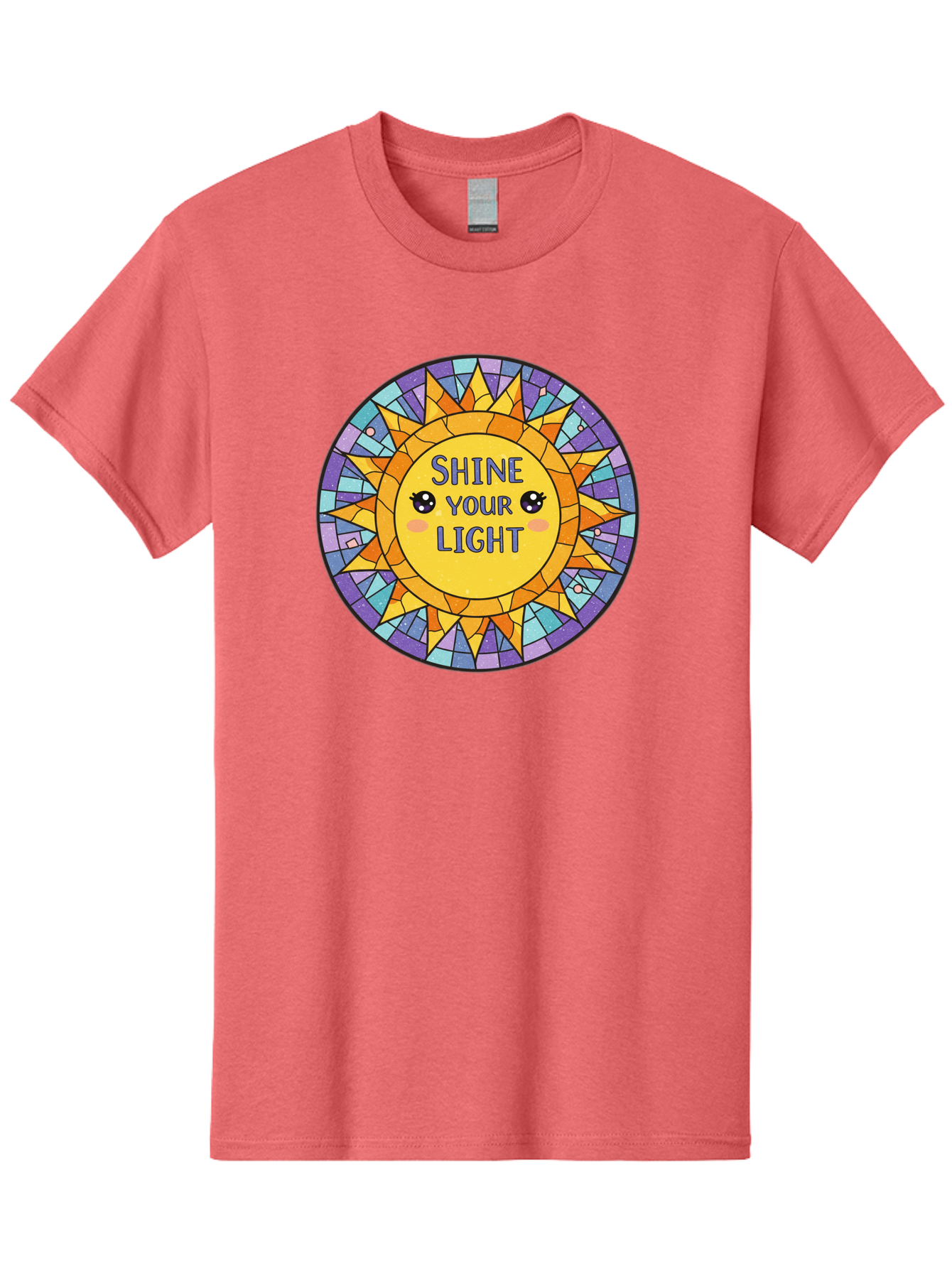 Shine-Your-Light-1 Men'S Graphic Tee, 100% Cotton, Comfortable Casual Summer Wear, Machine Washable, Stained Glass Sun, Inspirational Quote, Motivational Message, Cartoon Sun, Shine Your Light, Positivity, Encouragement, Colorful Graphic, Bae271
