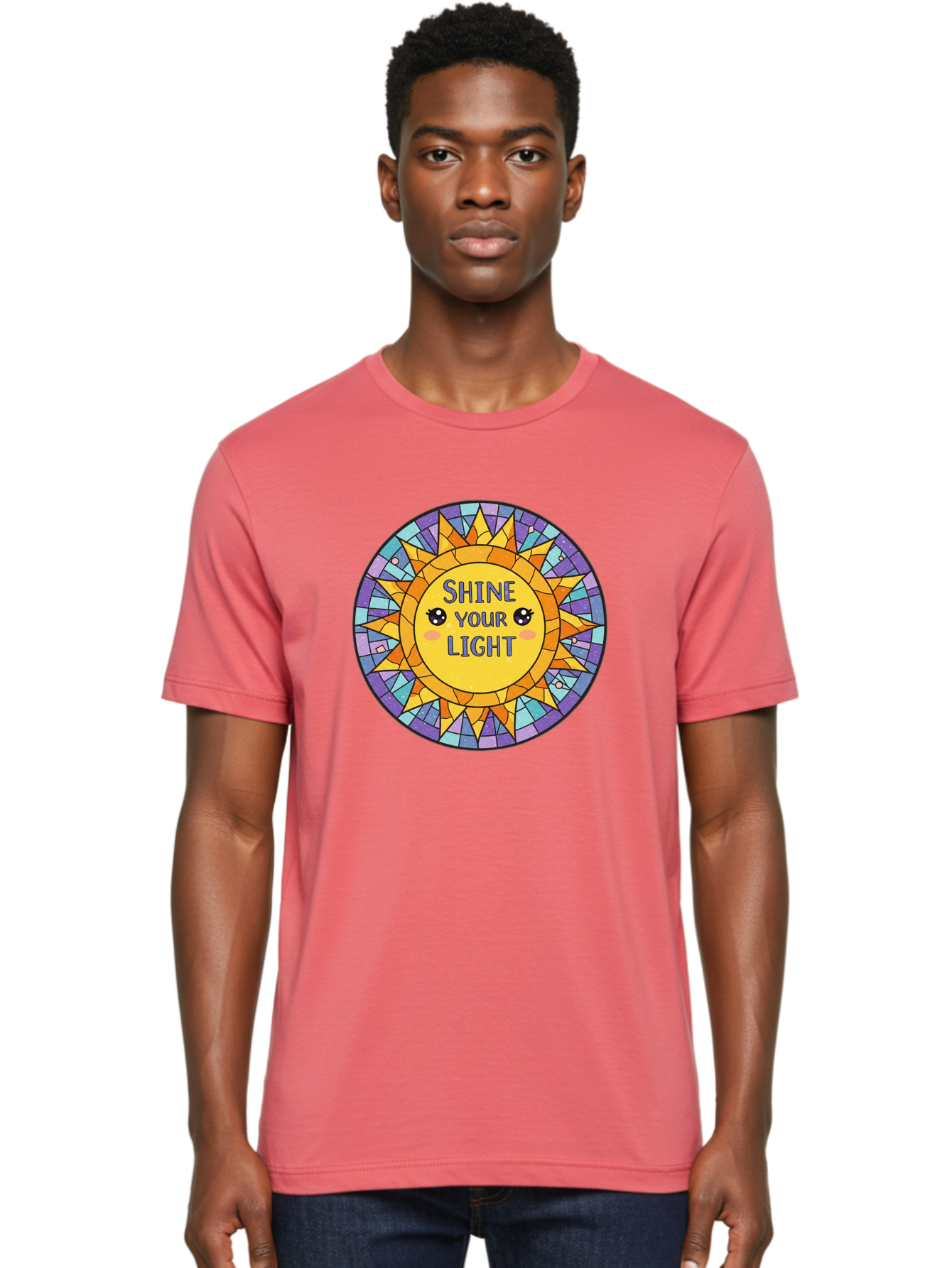 Shine-Your-Light-1 Men'S Graphic Tee, 100% Cotton, Comfortable Casual Summer Wear, Machine Washable, Stained Glass Sun, Inspirational Quote, Motivational Message, Cartoon Sun, Shine Your Light, Positivity, Encouragement, Colorful Graphic, Bae271