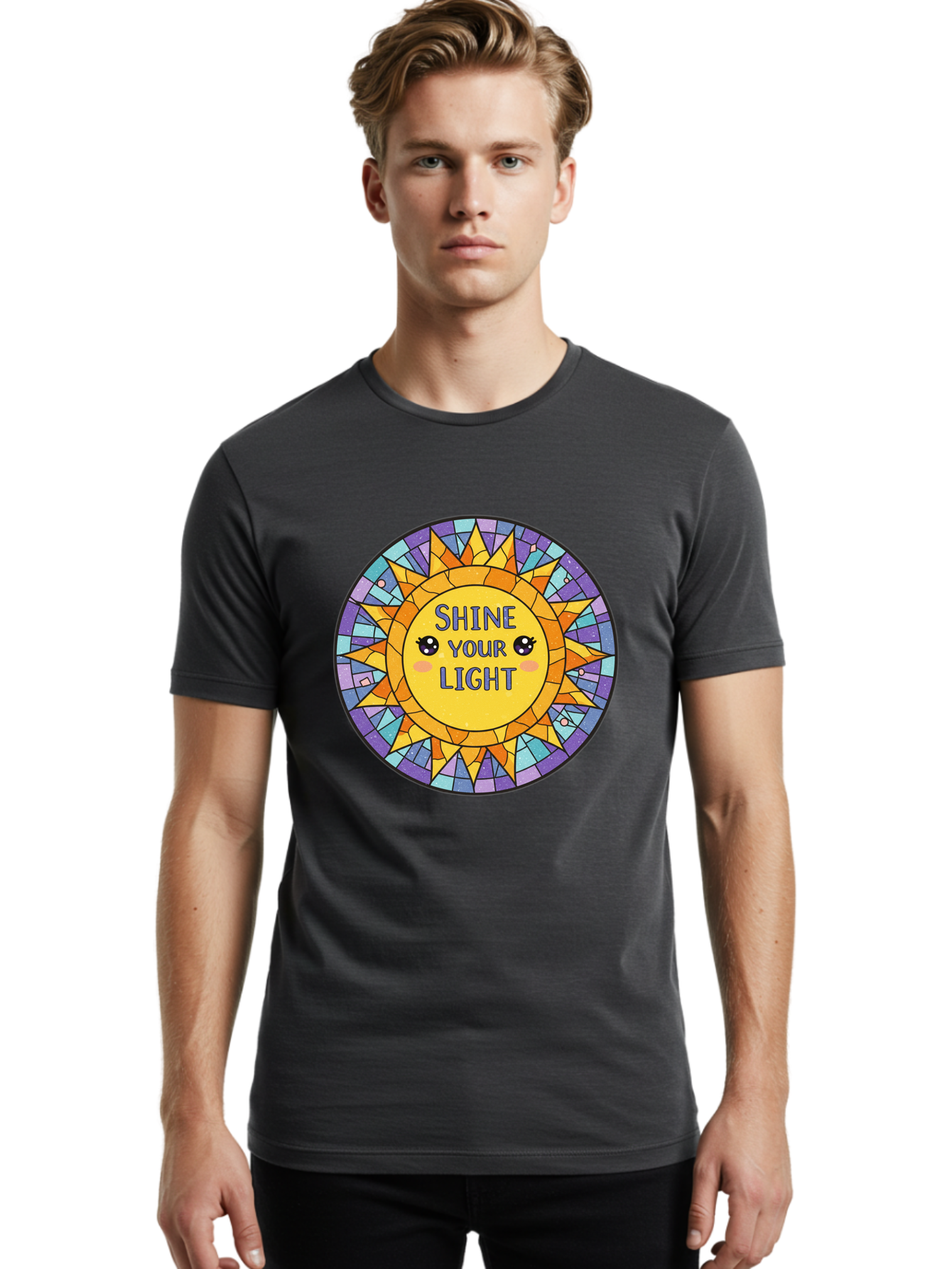 Shine-Your-Light-1 Men'S Graphic Tee, 100% Cotton, Comfortable Casual Summer Wear, Machine Washable, Stained Glass Sun, Inspirational Quote, Motivational Message, Cartoon Sun, Shine Your Light, Positivity, Encouragement, Colorful Graphic, Bae271
