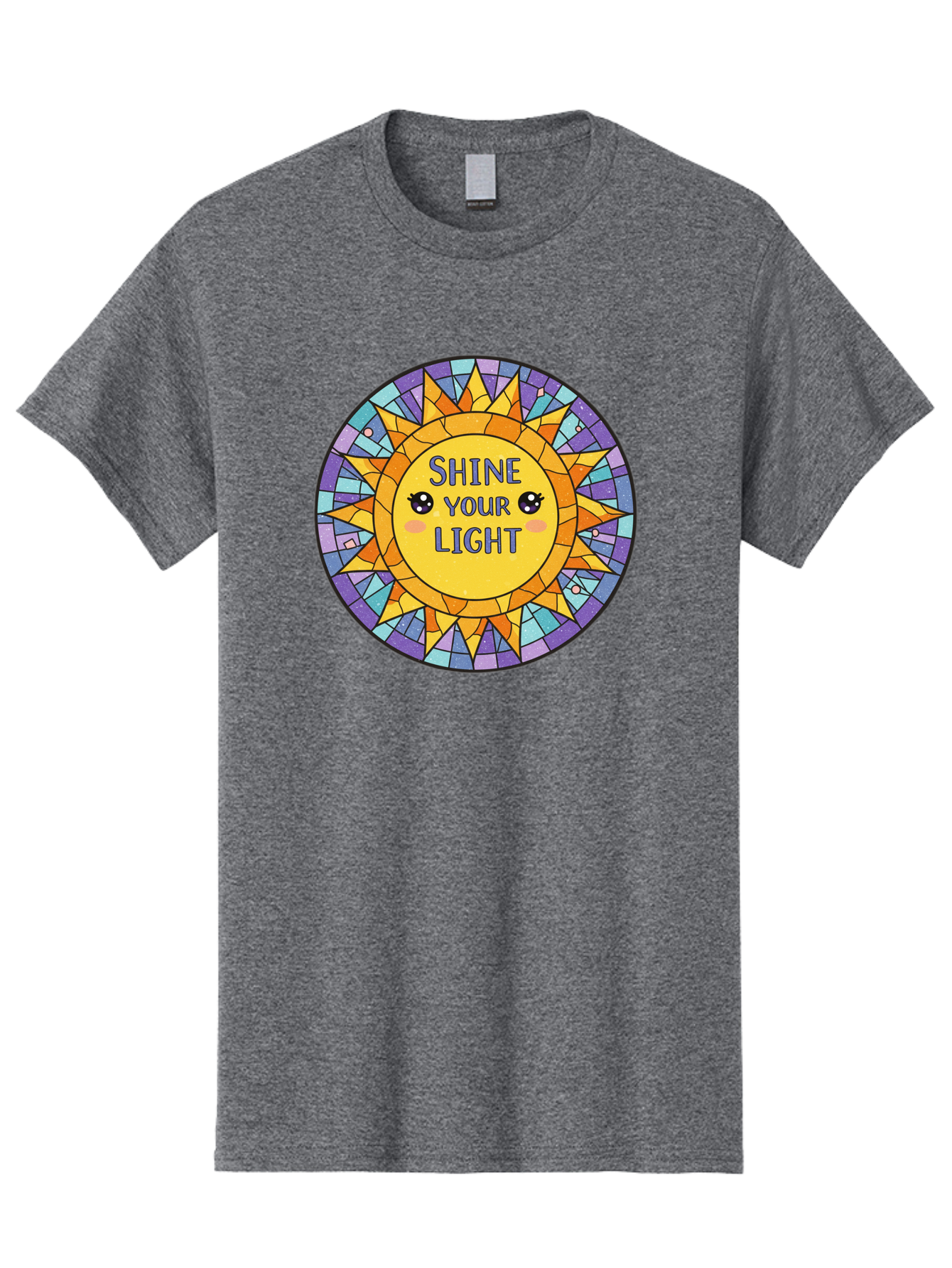 Shine-Your-Light-1 Men'S Graphic Tee, 100% Cotton, Comfortable Casual Summer Wear, Machine Washable, Stained Glass Sun, Inspirational Quote, Motivational Message, Cartoon Sun, Shine Your Light, Positivity, Encouragement, Colorful Graphic, Bae271