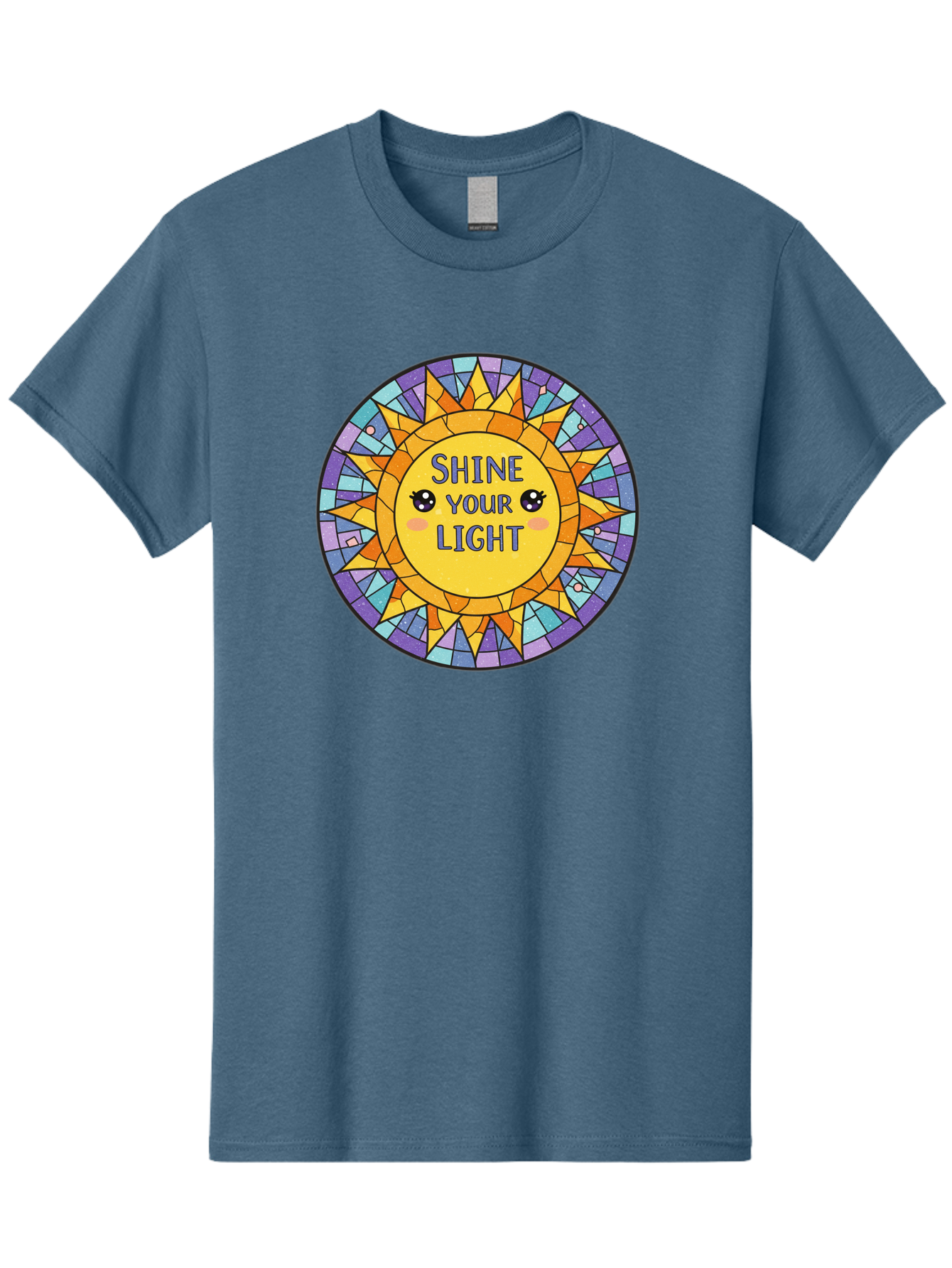 Shine-Your-Light-1 Men'S Graphic Tee, 100% Cotton, Comfortable Casual Summer Wear, Machine Washable, Stained Glass Sun, Inspirational Quote, Motivational Message, Cartoon Sun, Shine Your Light, Positivity, Encouragement, Colorful Graphic, Bae271