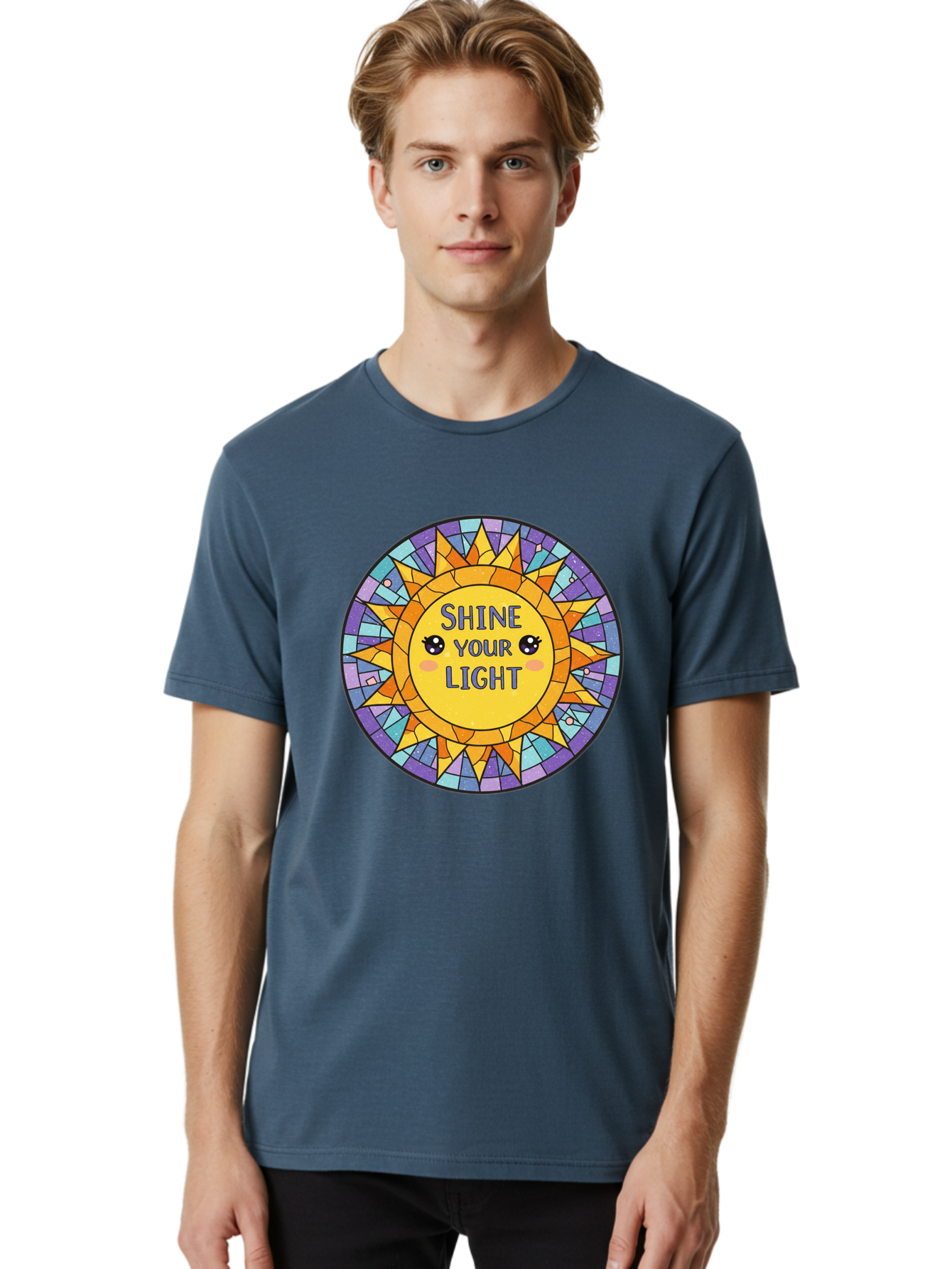 Shine-Your-Light-1 Men'S Graphic Tee, 100% Cotton, Comfortable Casual Summer Wear, Machine Washable, Stained Glass Sun, Inspirational Quote, Motivational Message, Cartoon Sun, Shine Your Light, Positivity, Encouragement, Colorful Graphic, Bae271