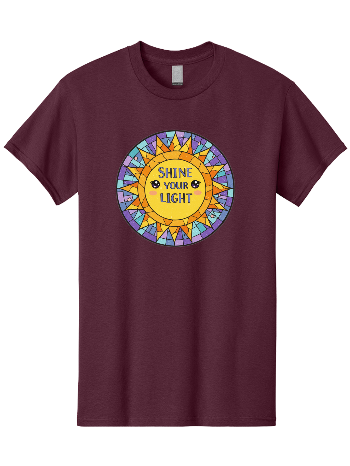 Shine-Your-Light-1 Men'S Graphic Tee, 100% Cotton, Comfortable Casual Summer Wear, Machine Washable, Stained Glass Sun, Inspirational Quote, Motivational Message, Cartoon Sun, Shine Your Light, Positivity, Encouragement, Colorful Graphic, Bae271