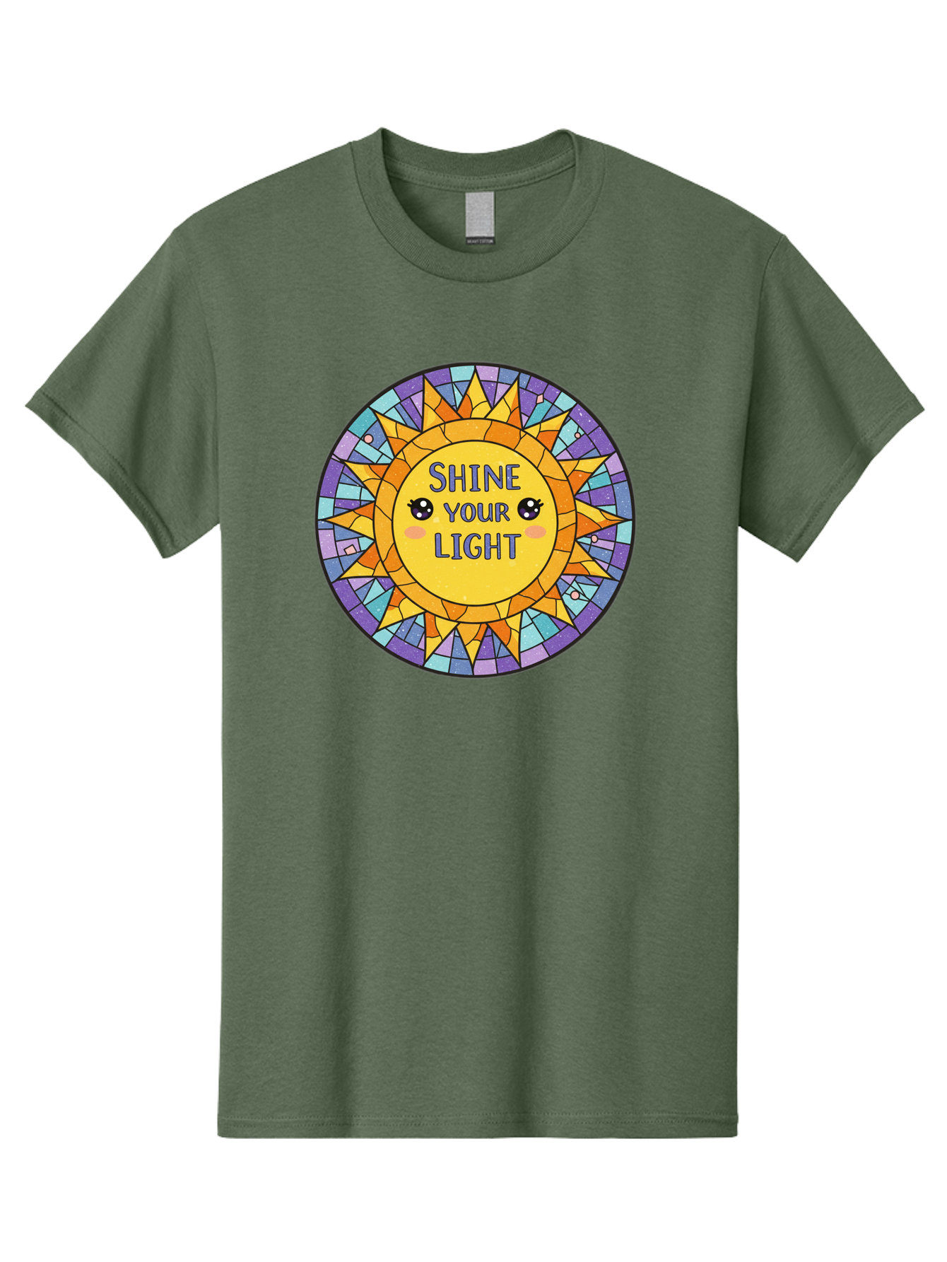Shine-Your-Light-1 Men'S Graphic Tee, 100% Cotton, Comfortable Casual Summer Wear, Machine Washable, Stained Glass Sun, Inspirational Quote, Motivational Message, Cartoon Sun, Shine Your Light, Positivity, Encouragement, Colorful Graphic, Bae271