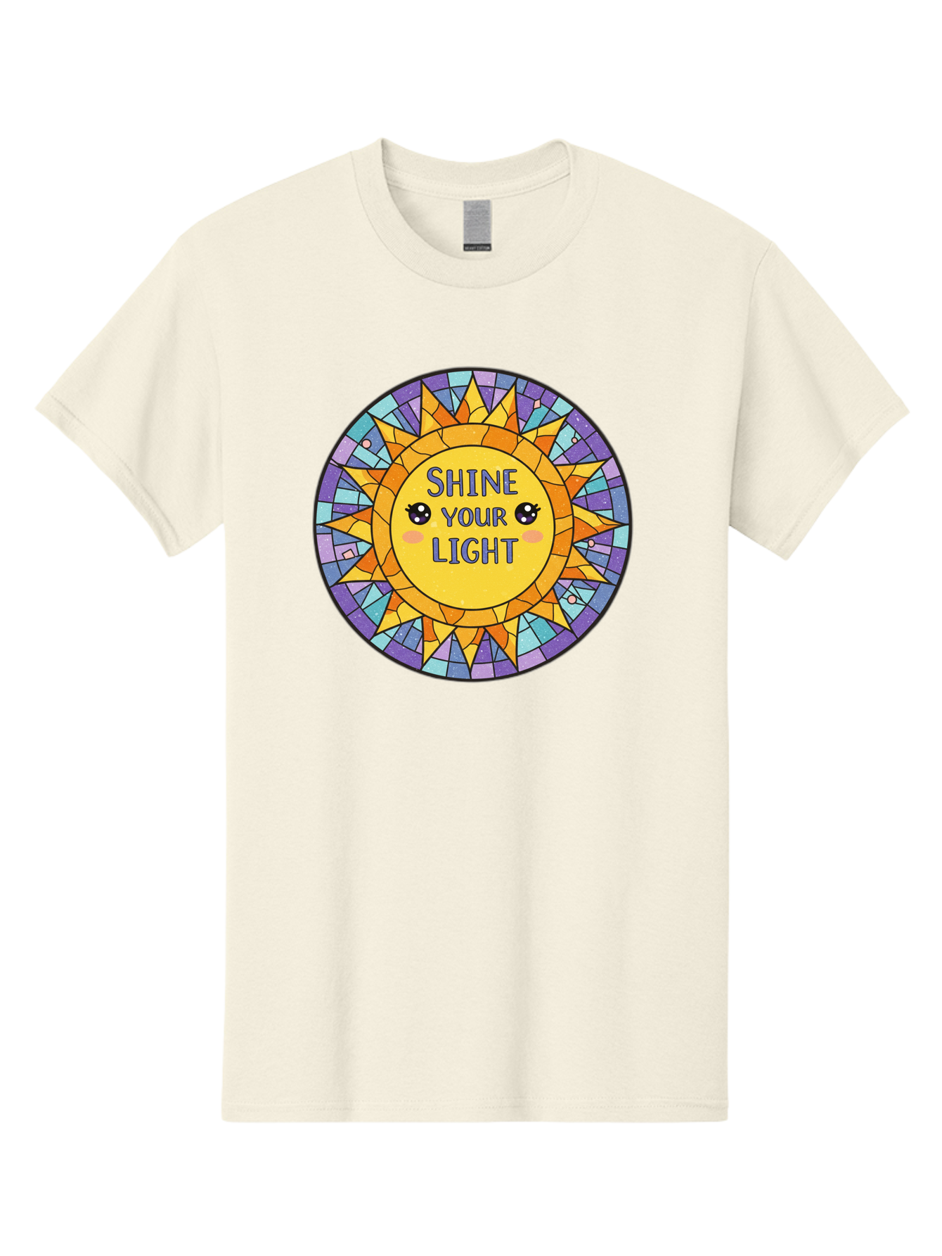 Shine-Your-Light-1 Men'S Graphic Tee, 100% Cotton, Comfortable Casual Summer Wear, Machine Washable, Stained Glass Sun, Inspirational Quote, Motivational Message, Cartoon Sun, Shine Your Light, Positivity, Encouragement, Colorful Graphic, Bae271
