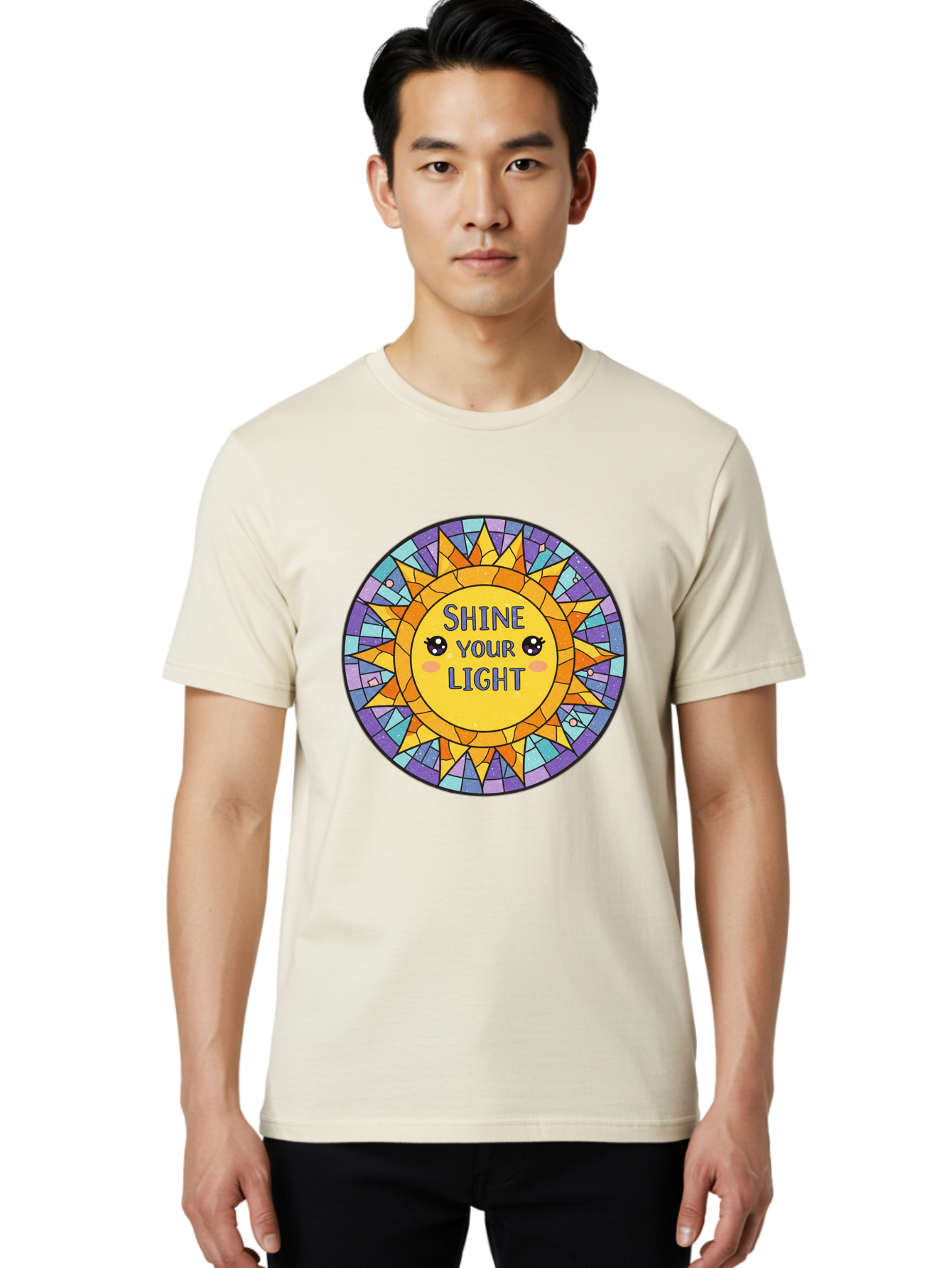 Shine-Your-Light-1 Men'S Graphic Tee, 100% Cotton, Comfortable Casual Summer Wear, Machine Washable, Stained Glass Sun, Inspirational Quote, Motivational Message, Cartoon Sun, Shine Your Light, Positivity, Encouragement, Colorful Graphic, Bae271