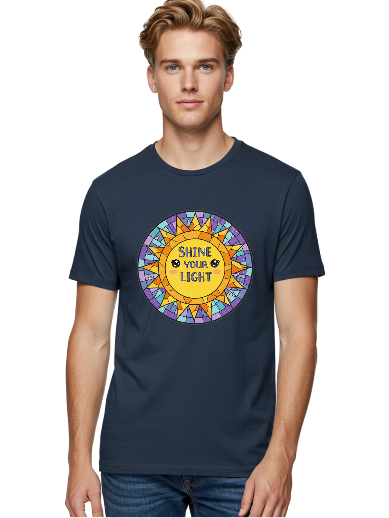 Shine-Your-Light-1 Men'S Graphic Tee, 100% Cotton, Comfortable Casual Summer Wear, Machine Washable, Stained Glass Sun, Inspirational Quote, Motivational Message, Cartoon Sun, Shine Your Light, Positivity, Encouragement, Colorful Graphic, Bae271