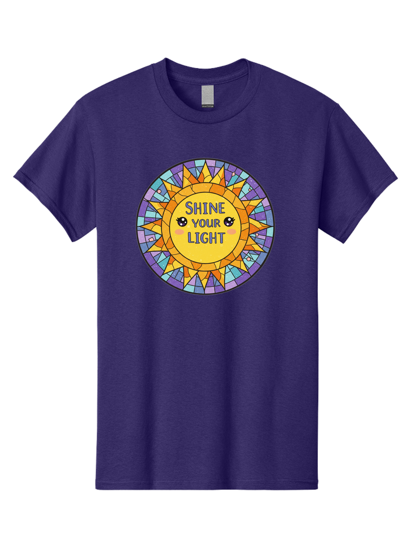 Shine-Your-Light-1 Men'S Graphic Tee, 100% Cotton, Comfortable Casual Summer Wear, Machine Washable, Stained Glass Sun, Inspirational Quote, Motivational Message, Cartoon Sun, Shine Your Light, Positivity, Encouragement, Colorful Graphic, Bae271