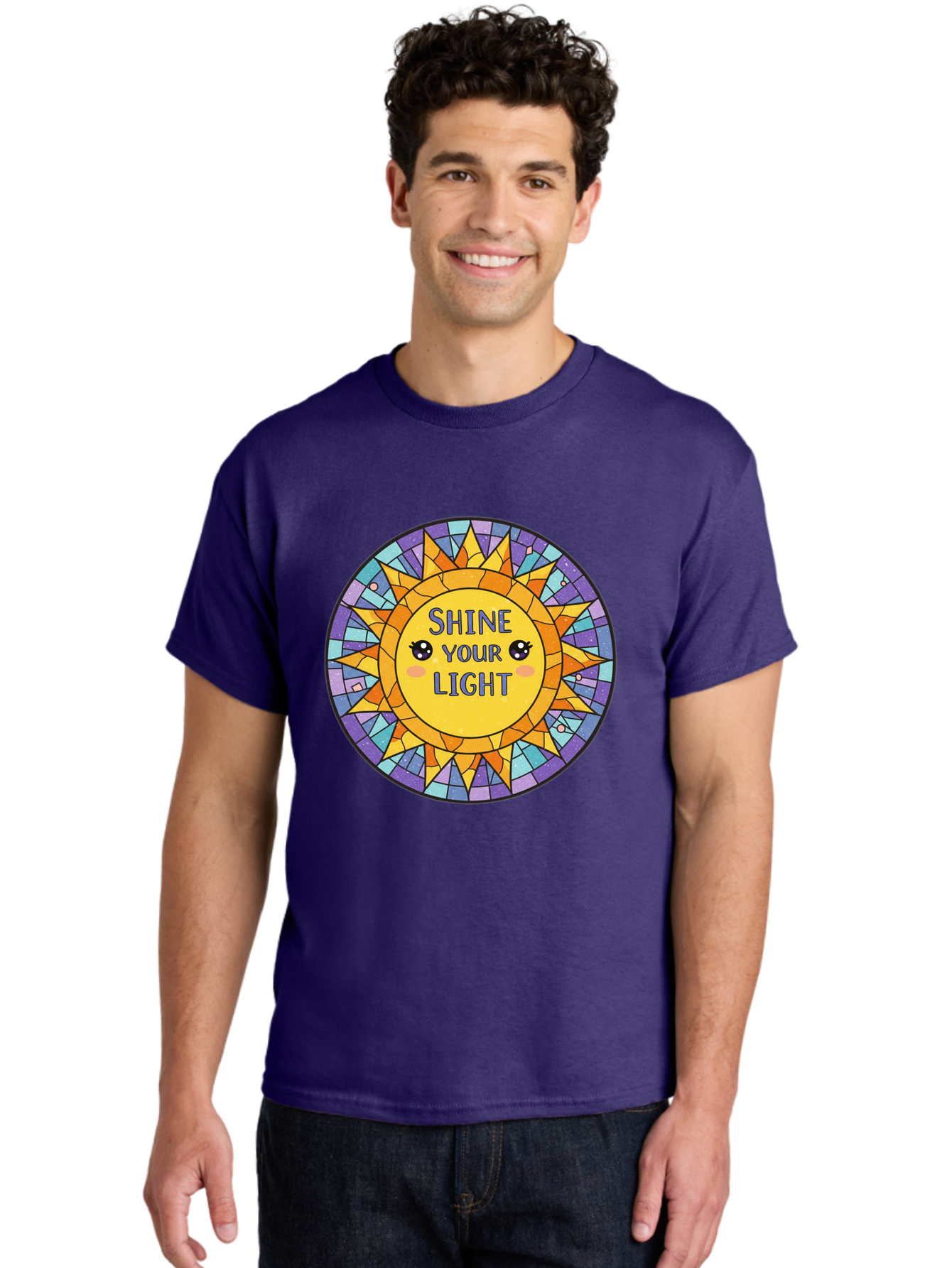 Shine-Your-Light-1 Men'S Graphic Tee, 100% Cotton, Comfortable Casual Summer Wear, Machine Washable, Stained Glass Sun, Inspirational Quote, Motivational Message, Cartoon Sun, Shine Your Light, Positivity, Encouragement, Colorful Graphic, Bae271