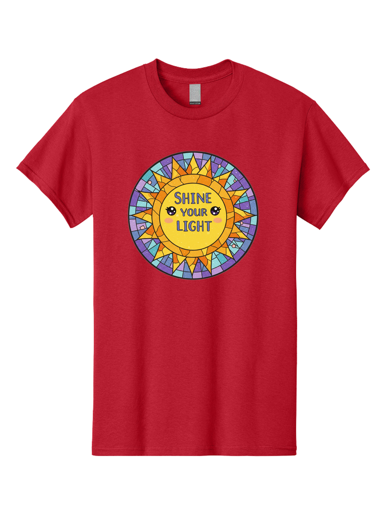 Shine-Your-Light-1 Men'S Graphic Tee, 100% Cotton, Comfortable Casual Summer Wear, Machine Washable, Stained Glass Sun, Inspirational Quote, Motivational Message, Cartoon Sun, Shine Your Light, Positivity, Encouragement, Colorful Graphic, Bae271