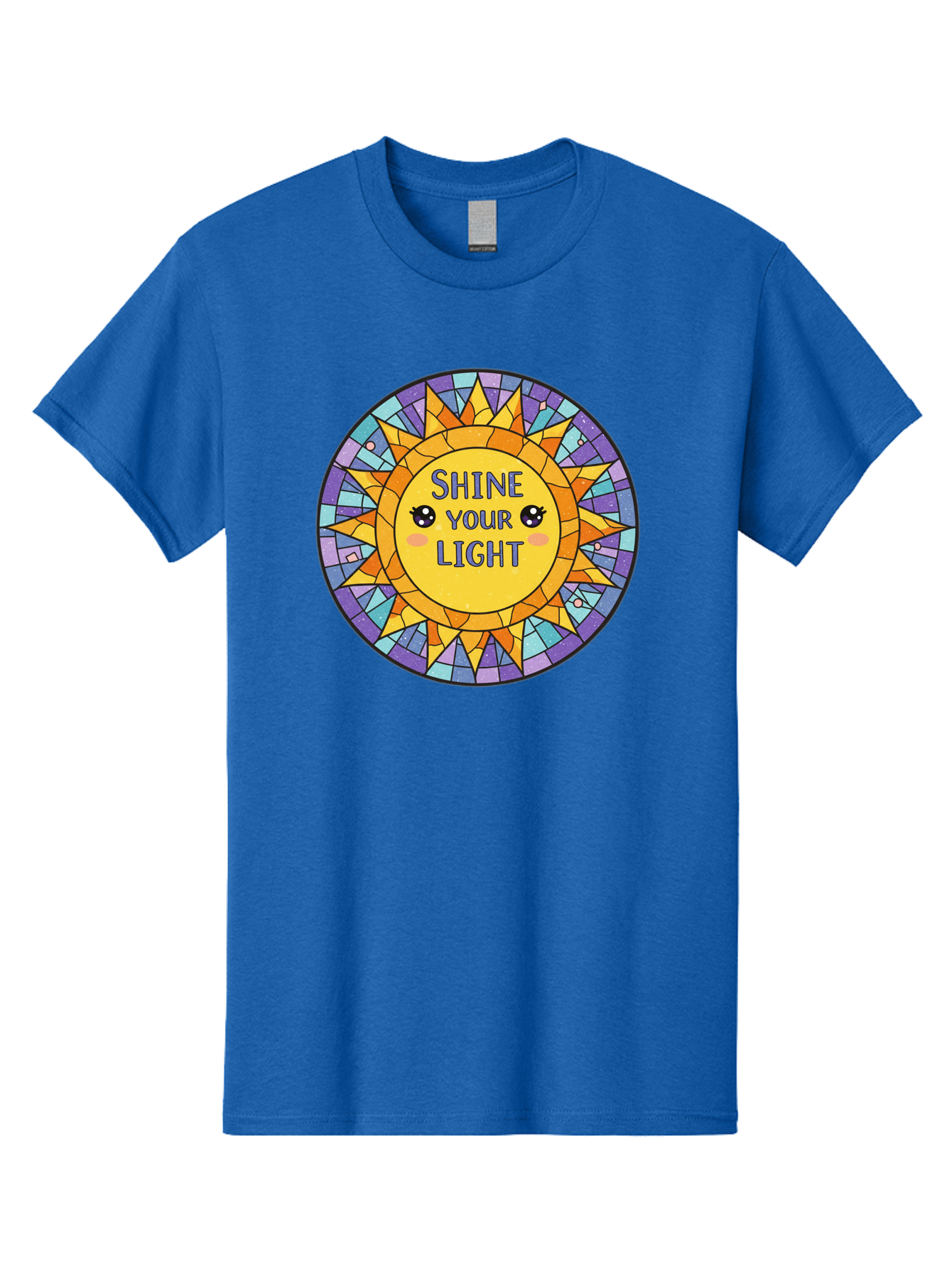 Shine-Your-Light-1 Men'S Graphic Tee, 100% Cotton, Comfortable Casual Summer Wear, Machine Washable, Stained Glass Sun, Inspirational Quote, Motivational Message, Cartoon Sun, Shine Your Light, Positivity, Encouragement, Colorful Graphic, Bae271