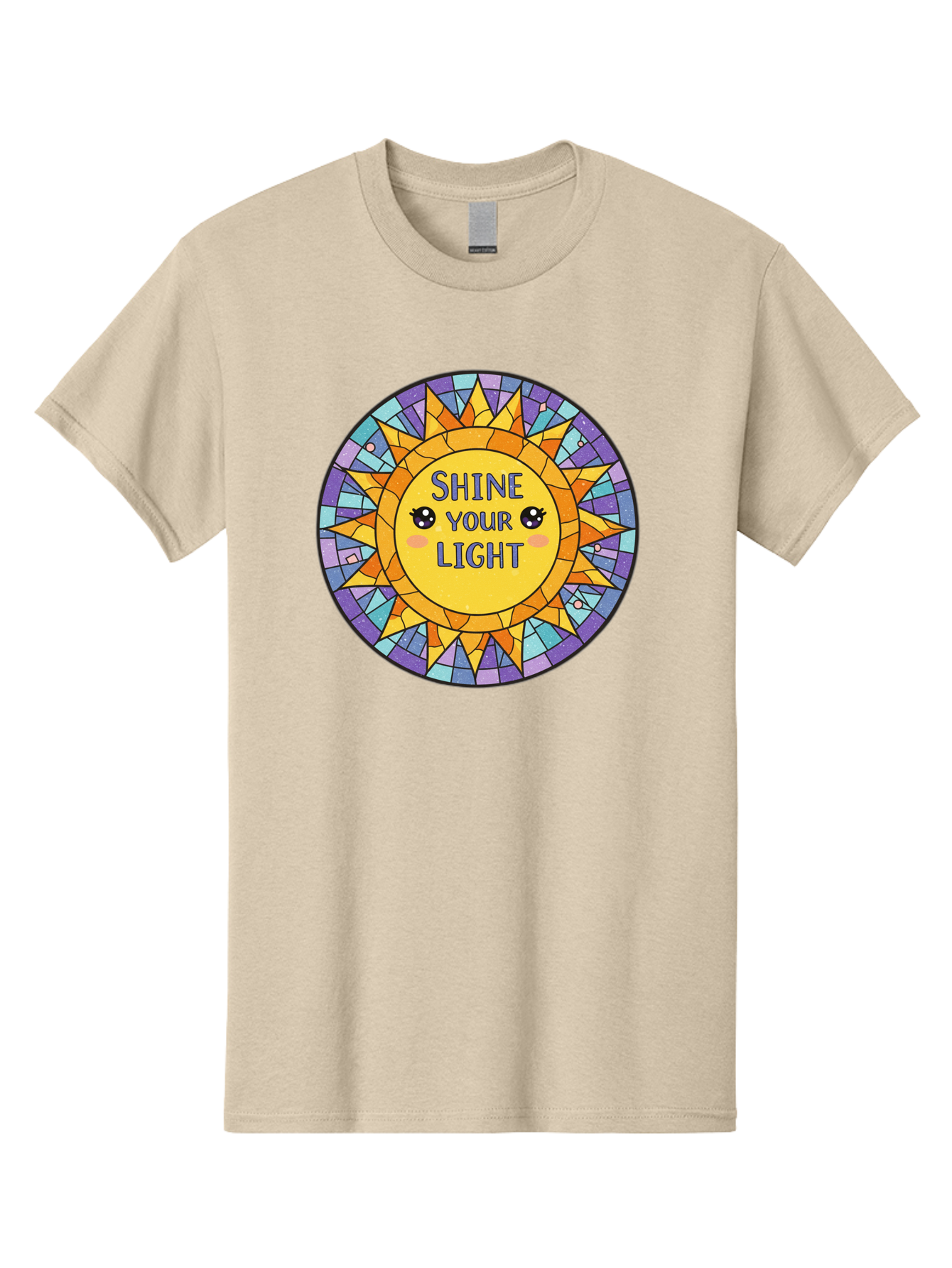Shine-Your-Light-1 Men'S Graphic Tee, 100% Cotton, Comfortable Casual Summer Wear, Machine Washable, Stained Glass Sun, Inspirational Quote, Motivational Message, Cartoon Sun, Shine Your Light, Positivity, Encouragement, Colorful Graphic, Bae271