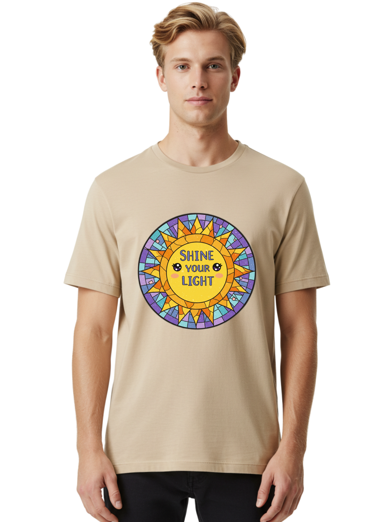 Shine-Your-Light-1 Men'S Graphic Tee, 100% Cotton, Comfortable Casual Summer Wear, Machine Washable, Stained Glass Sun, Inspirational Quote, Motivational Message, Cartoon Sun, Shine Your Light, Positivity, Encouragement, Colorful Graphic, Bae271