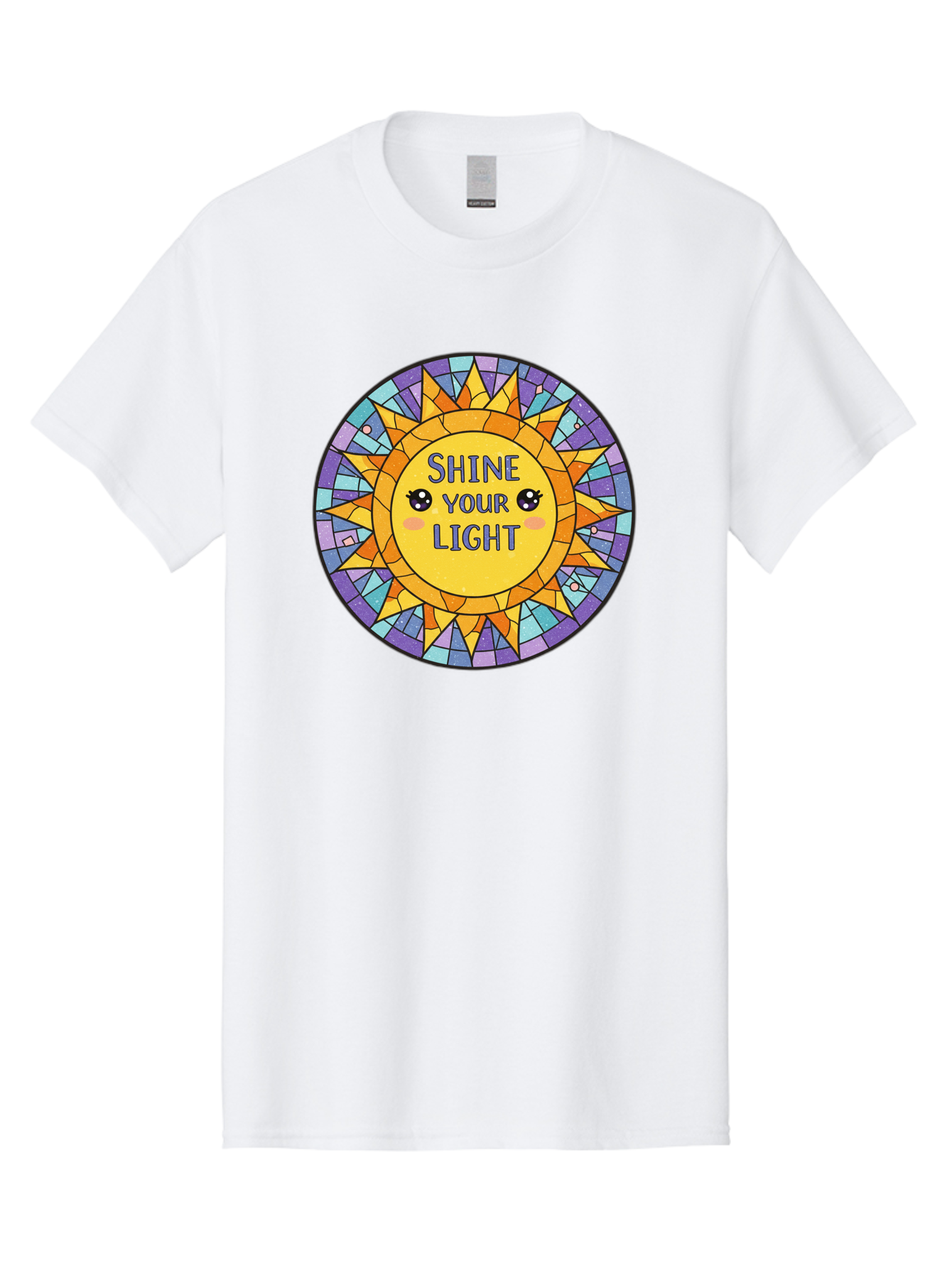 Shine-Your-Light-1 Men'S Graphic Tee, 100% Cotton, Comfortable Casual Summer Wear, Machine Washable, Stained Glass Sun, Inspirational Quote, Motivational Message, Cartoon Sun, Shine Your Light, Positivity, Encouragement, Colorful Graphic, Bae271