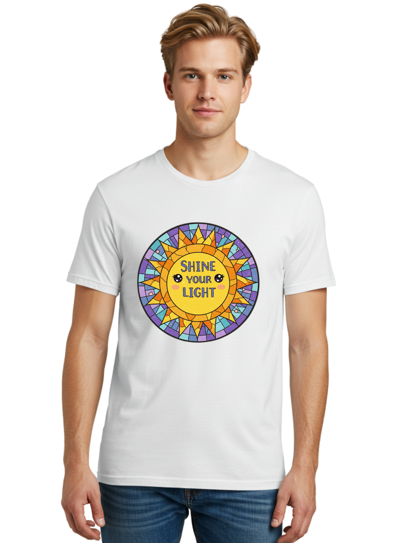 Shine-Your-Light-1 Men'S Graphic Tee, 100% Cotton, Comfortable Casual Summer Wear, Machine Washable, Stained Glass Sun, Inspirational Quote, Motivational Message, Cartoon Sun, Shine Your Light, Positivity, Encouragement, Colorful Graphic, Bae271