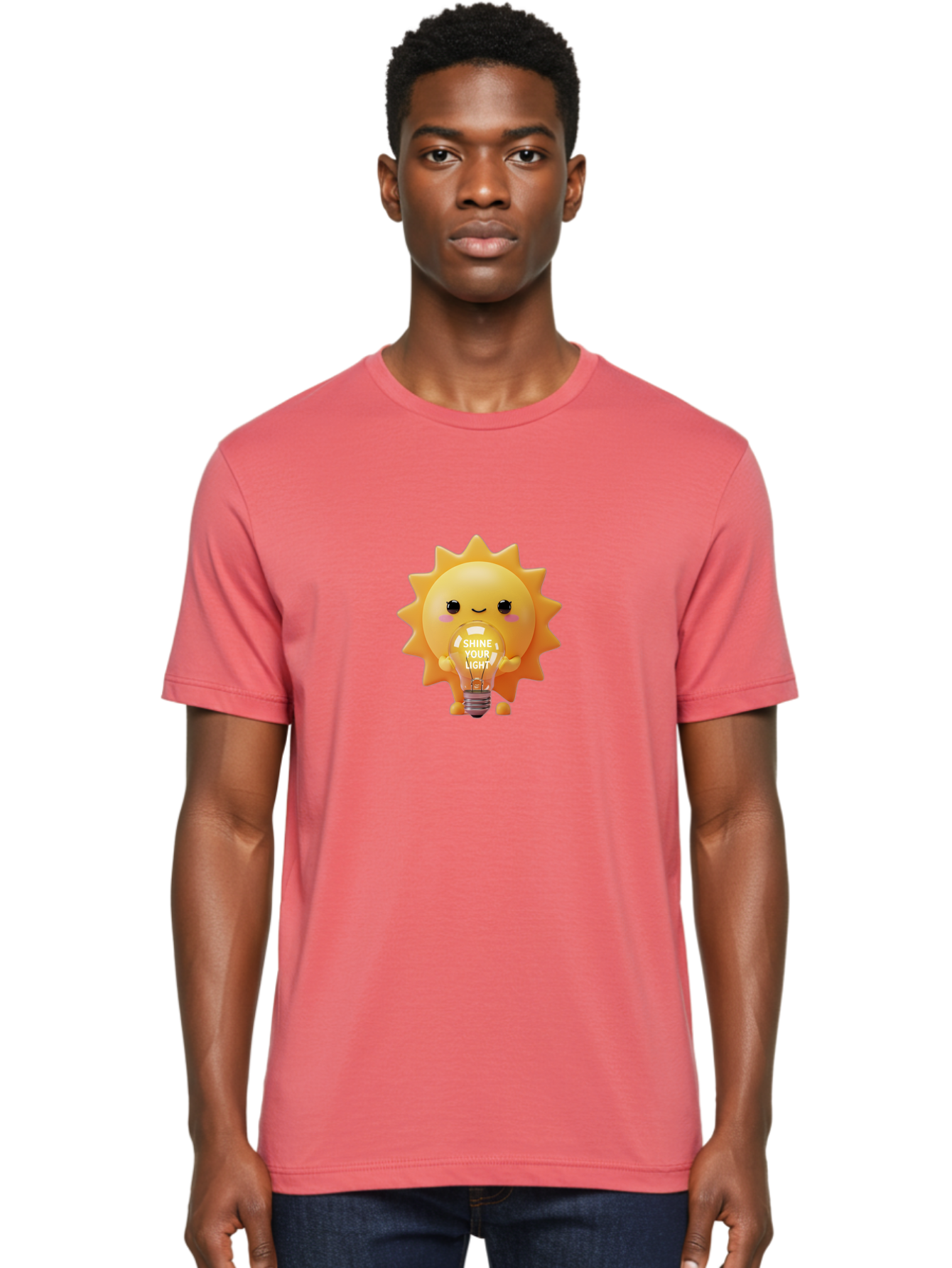 Shine-Your-Light-2 Men'S Graphic Tee, 100% Cotton, Comfortable Casual Summer Wear, Machine Washable, Smiling Sun Character, Holding Lightbulb, Positive Affirmation, Inspirational Quote, Cute Cartoon Design, Shine Your Light, Creative Idea, Bae272