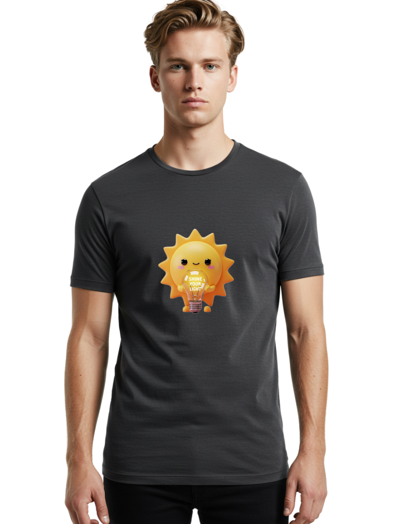 Shine-Your-Light-2 Men'S Graphic Tee, 100% Cotton, Comfortable Casual Summer Wear, Machine Washable, Smiling Sun Character, Holding Lightbulb, Positive Affirmation, Inspirational Quote, Cute Cartoon Design, Shine Your Light, Creative Idea, Bae272