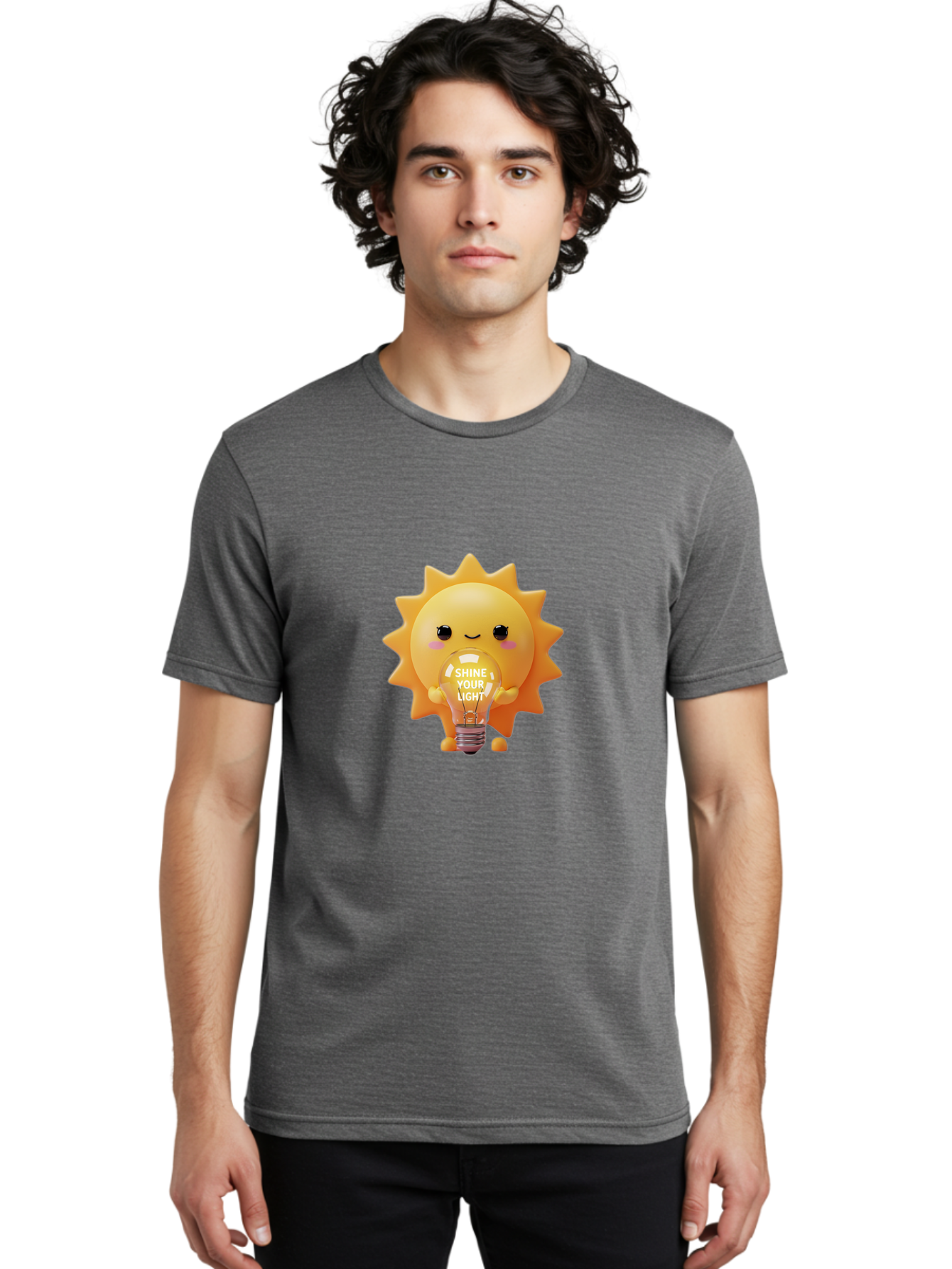 Shine-Your-Light-2 Men'S Graphic Tee, 100% Cotton, Comfortable Casual Summer Wear, Machine Washable, Smiling Sun Character, Holding Lightbulb, Positive Affirmation, Inspirational Quote, Cute Cartoon Design, Shine Your Light, Creative Idea, Bae272