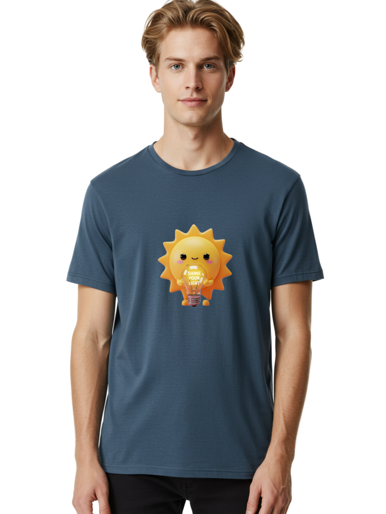 Shine-Your-Light-2 Men'S Graphic Tee, 100% Cotton, Comfortable Casual Summer Wear, Machine Washable, Smiling Sun Character, Holding Lightbulb, Positive Affirmation, Inspirational Quote, Cute Cartoon Design, Shine Your Light, Creative Idea, Bae272