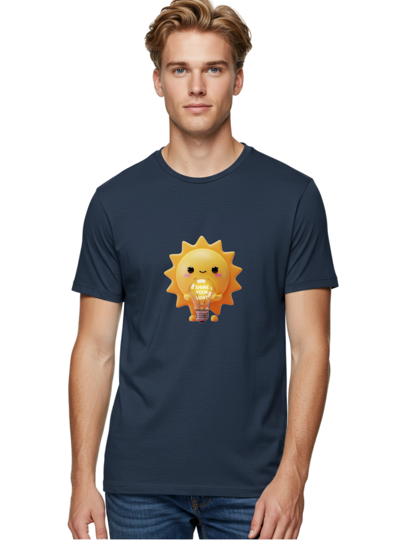 Shine-Your-Light-2 Men'S Graphic Tee, 100% Cotton, Comfortable Casual Summer Wear, Machine Washable, Smiling Sun Character, Holding Lightbulb, Positive Affirmation, Inspirational Quote, Cute Cartoon Design, Shine Your Light, Creative Idea, Bae272