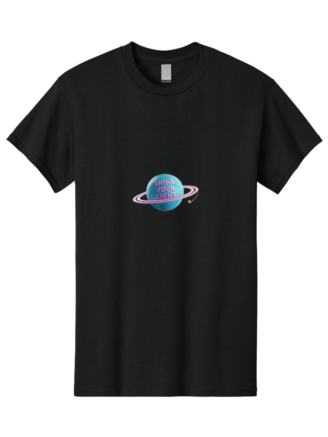 Shine-Your-Light-3 Men'S Graphic Tee, 100% Cotton, Comfortable Casual Summer Wear, Machine Washable, Blue Planet, Pink Ring, Shiny, Motivational Quote, Inspiring Words, Neon Light, Space Scene, Celestial Body, Shine Your Light Bae273