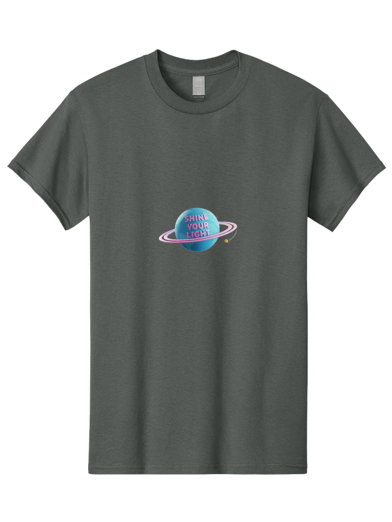 Shine-Your-Light-3 Men'S Graphic Tee, 100% Cotton, Comfortable Casual Summer Wear, Machine Washable, Blue Planet, Pink Ring, Shiny, Motivational Quote, Inspiring Words, Neon Light, Space Scene, Celestial Body, Shine Your Light Bae273