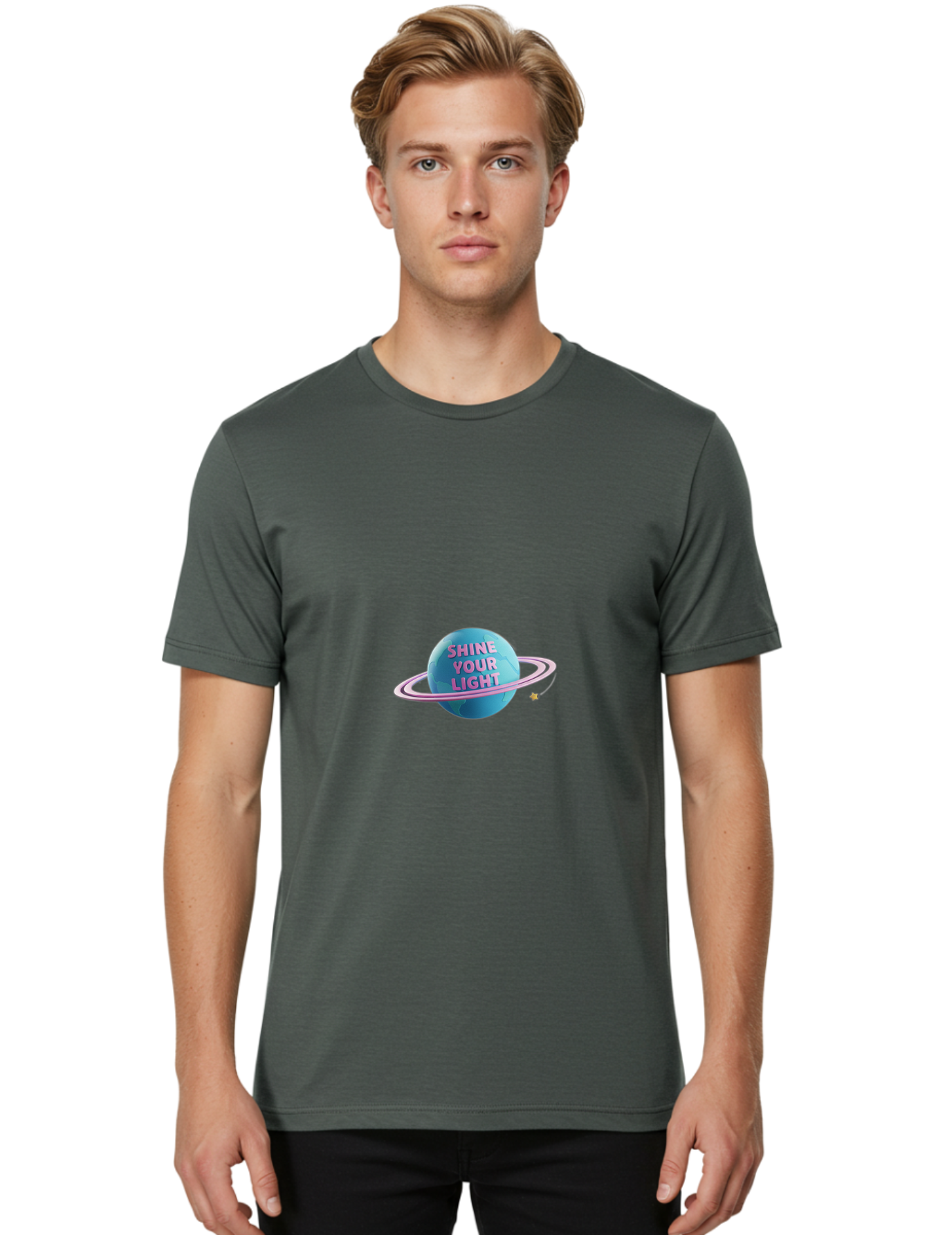 Shine-Your-Light-3 Men'S Graphic Tee, 100% Cotton, Comfortable Casual Summer Wear, Machine Washable, Blue Planet, Pink Ring, Shiny, Motivational Quote, Inspiring Words, Neon Light, Space Scene, Celestial Body, Shine Your Light Bae273